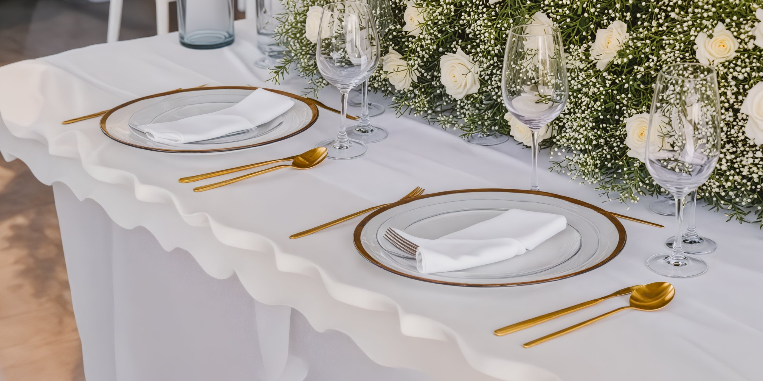 A beautifully arranged table for the destination wedding, adorned with white plates, gold cutlery, and a stunning floral centerpiece.
