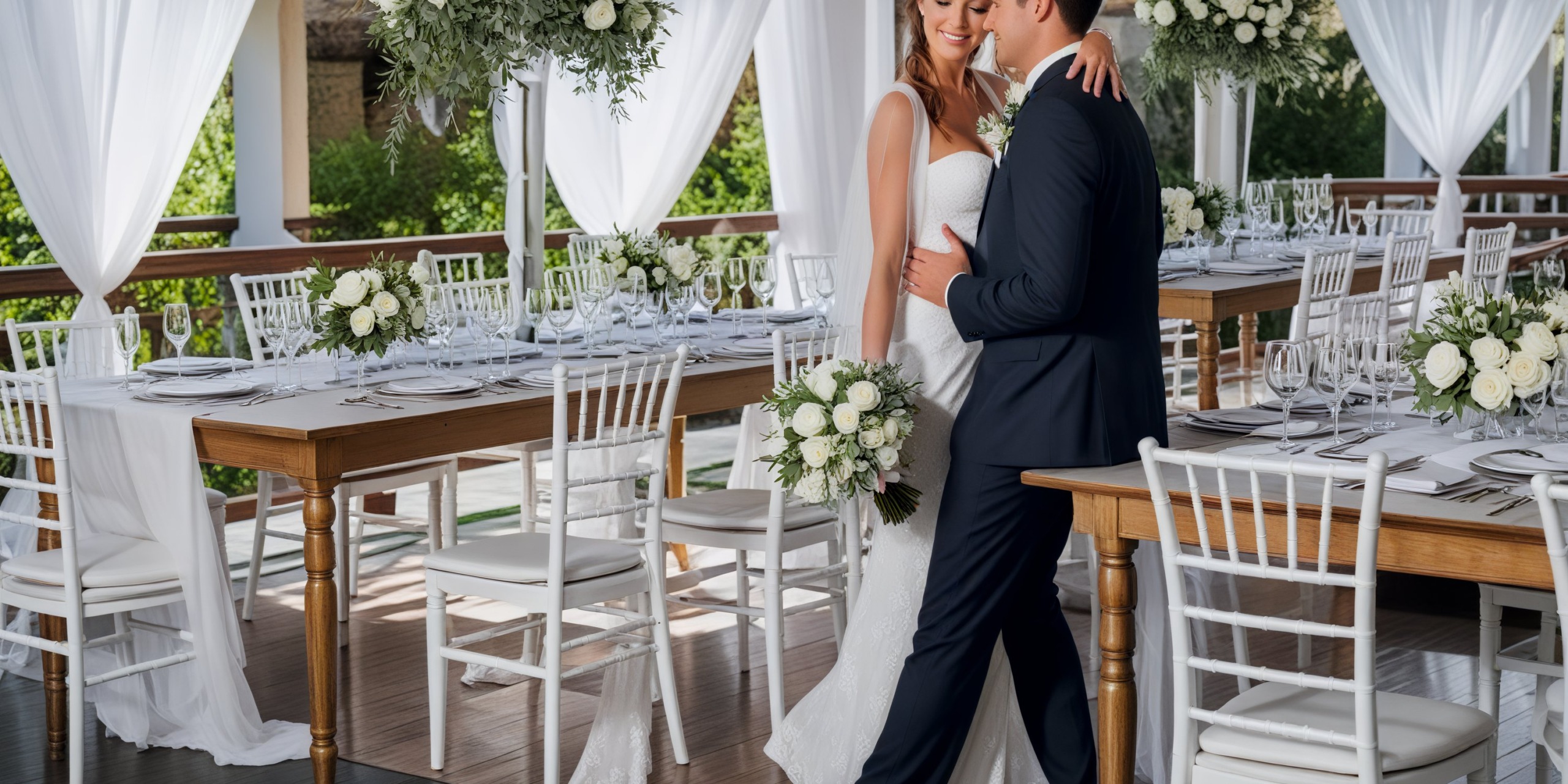 The bride and groom embrace in an elegant, flower-adorned setting at their wedding reception.