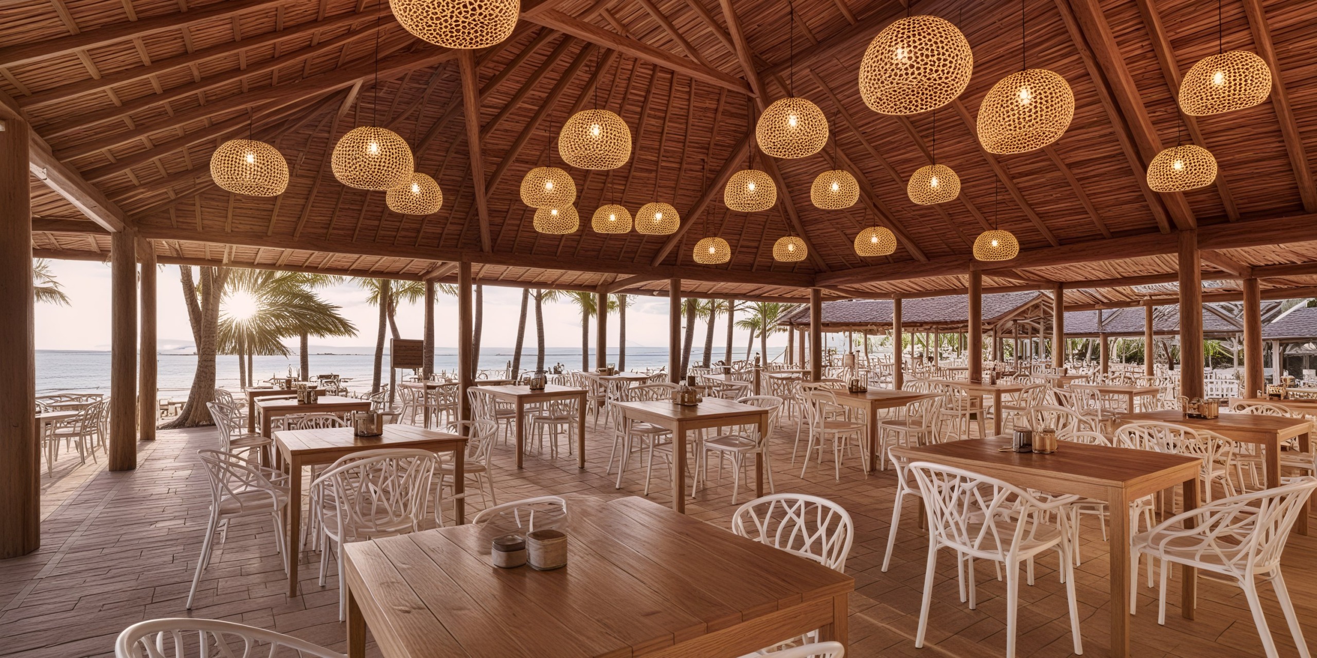An open-air seaside restaurant, perfect for a destination wedding, featuring wooden tables, white chairs, and charming overhead woven light fixtures.