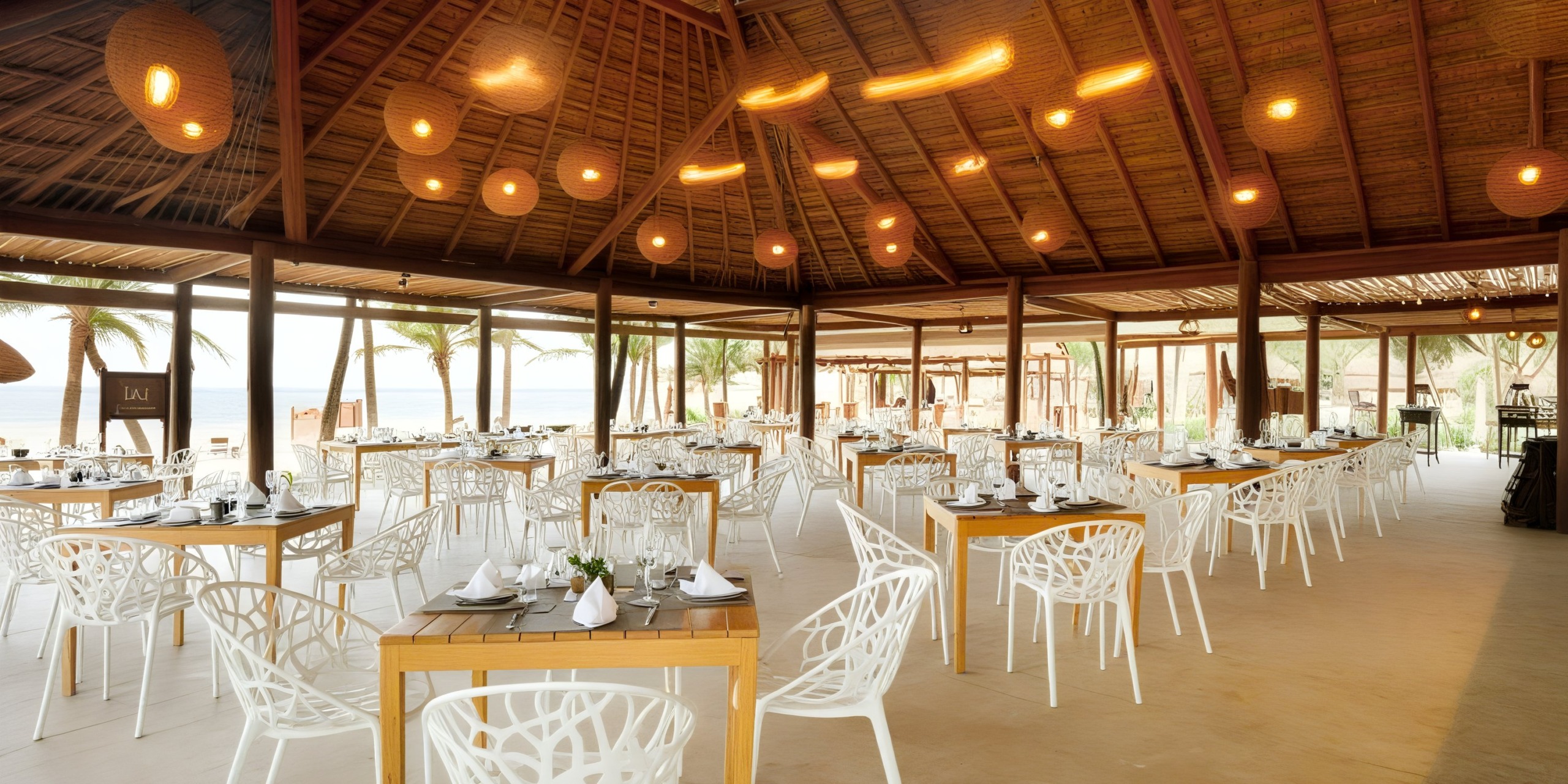 A beachfront restaurant with modern decor and elegant white chairs, offering an idyllic sea view, perfect for a destination wedding celebration.