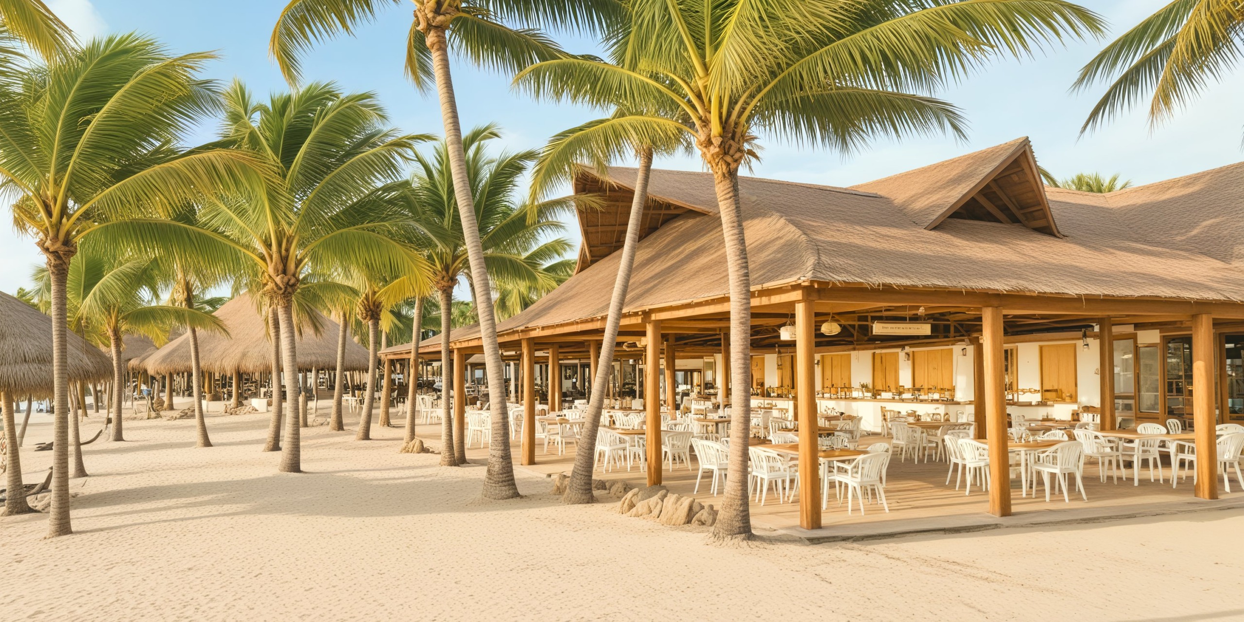 A beachside restaurant featuring palm trees and open-air seating on a sandy shore, perfect for a destination wedding.