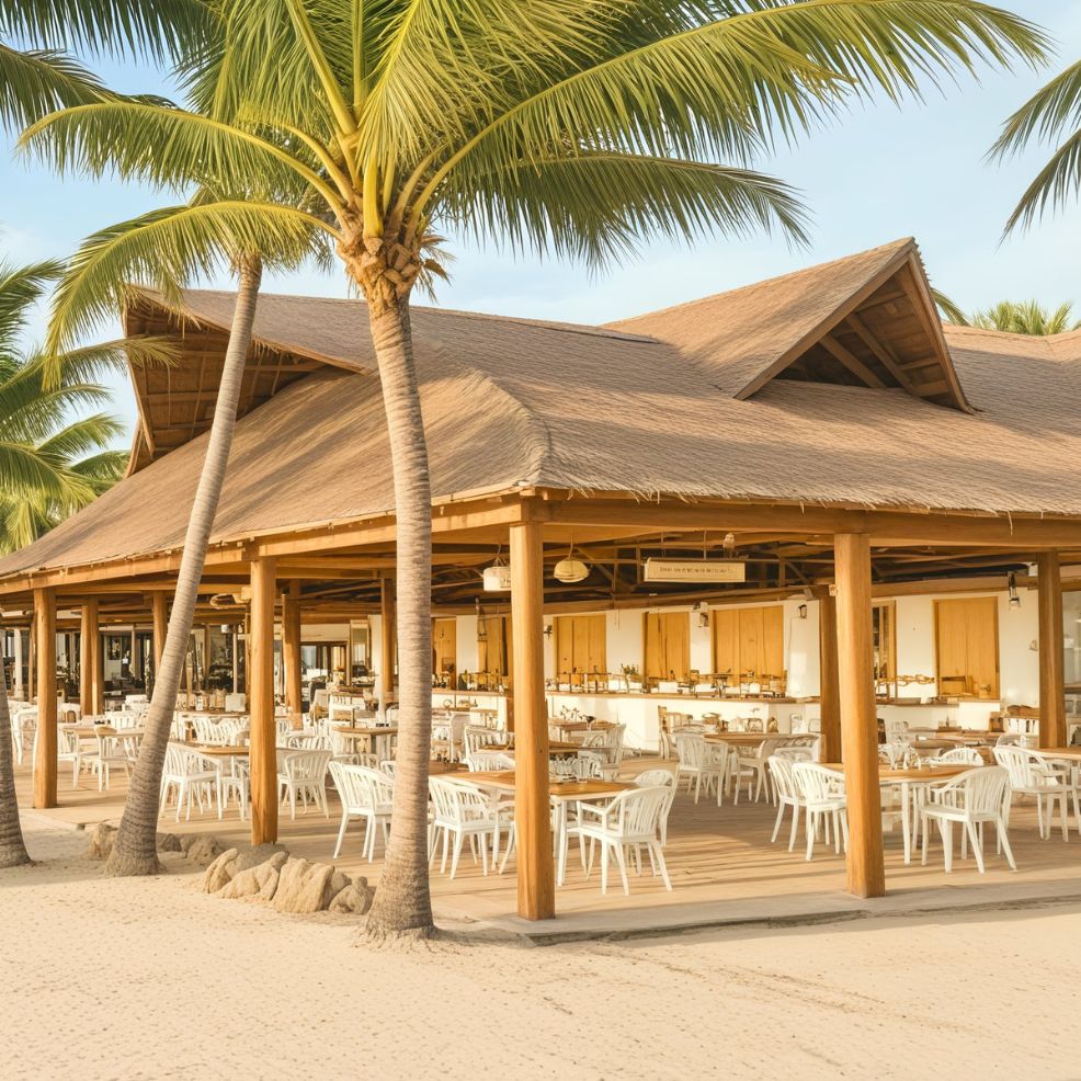 An open-air restaurant with white chairs and wooden tables nestled under palm trees, perfect for a destination wedding.