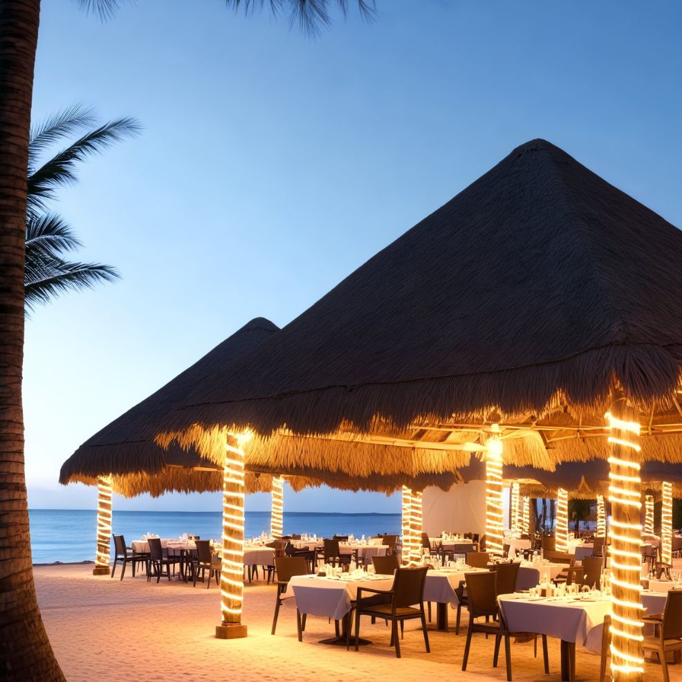 A beachside restaurant, adorned with thatched roofs and glowing string lights at dusk, creates a picturesque setting perfect for a destination wedding.