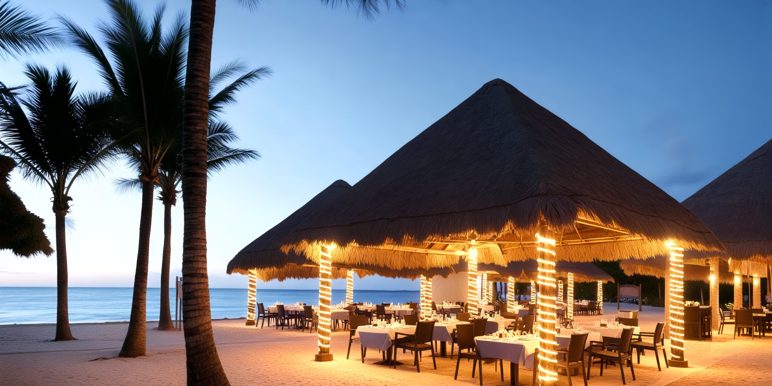 A charming beachside restaurant with a thatched roof and twinkling string lights at dusk, the perfect setting for a romantic destination wedding.