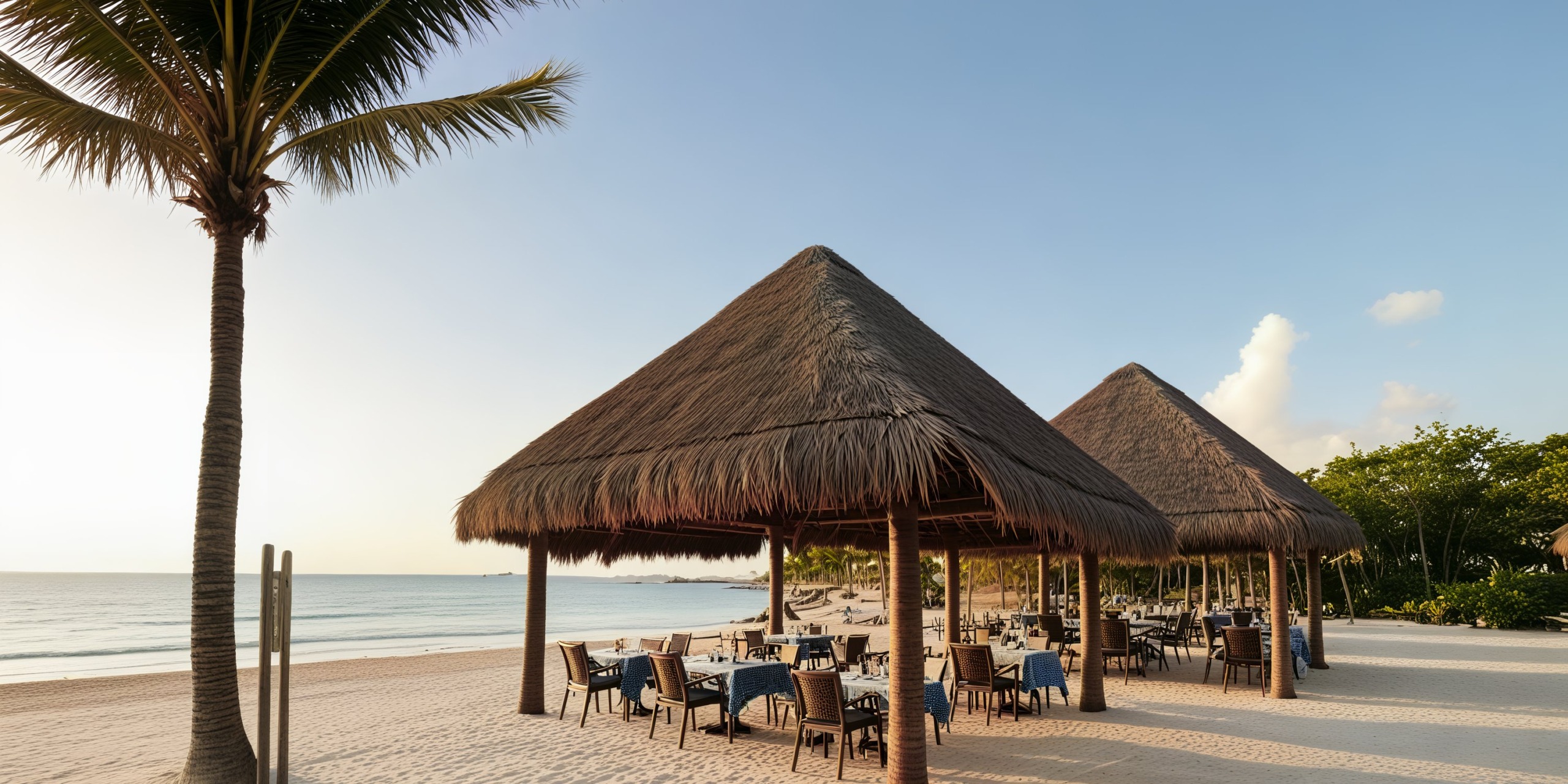 A charming beachside dining area featuring thatched roof huts and elegantly set tables beneath a clear blue sky - the perfect setting for a destination wedding.