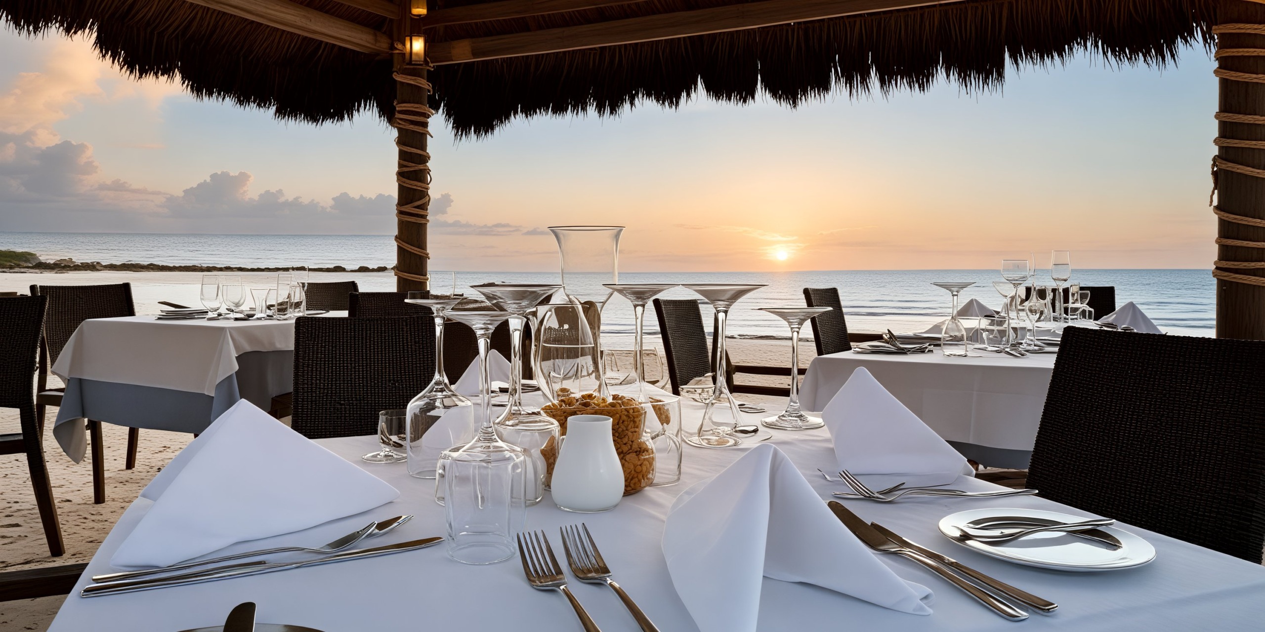 A picturesque beachfront dining arrangement featuring tables and chairs, perfectly set for a destination wedding, offers a breathtaking view of the ocean as the sun sets on the horizon.