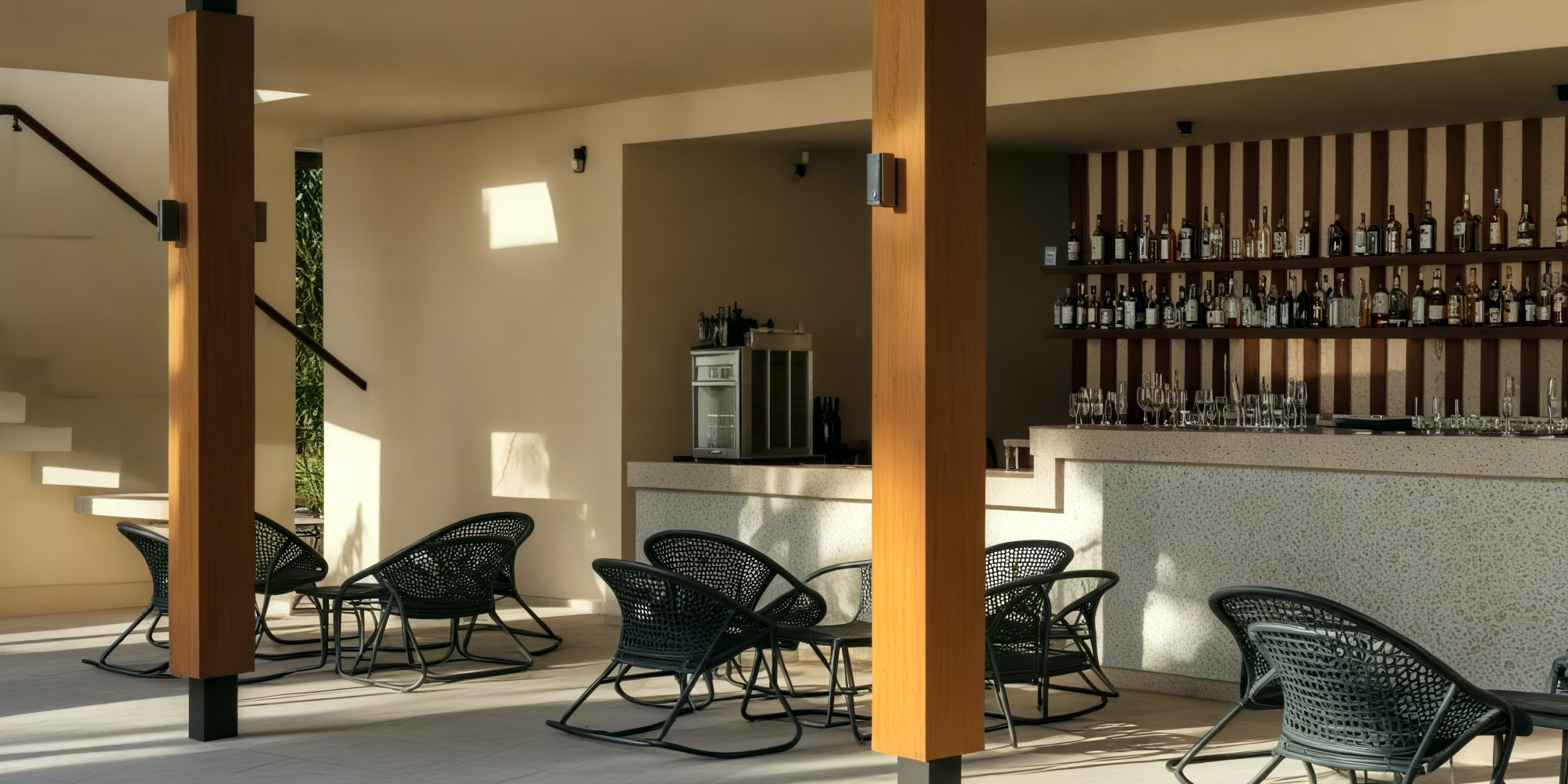A charming outdoor bar area, perfect for a destination wedding, features wicker chairs and shelves stocked with an array of bottles.