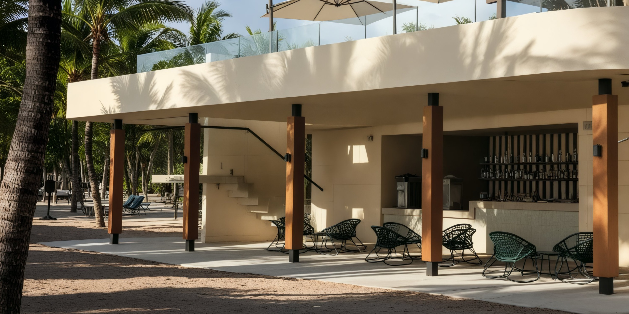Chic outdoor seating area under a modern patio, perfect for a destination wedding, complete with elegant chairs, tables, and a stylish bar.