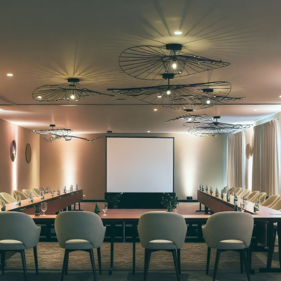 A contemporary conference room, ideal for a destination wedding, features a U-shaped arrangement with chairs and is equipped with a projector.