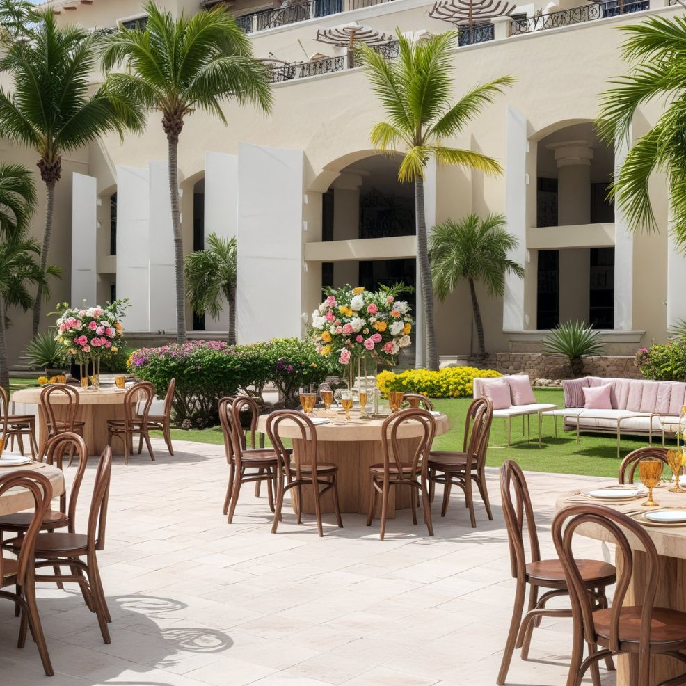 A picturesque outdoor wedding reception is beautifully arranged in a landscaped courtyard, featuring round tables adorned with elegant flowers and surrounded by chairs. Towering palm trees add a tropical touch to this enchanting destination wedding setting.