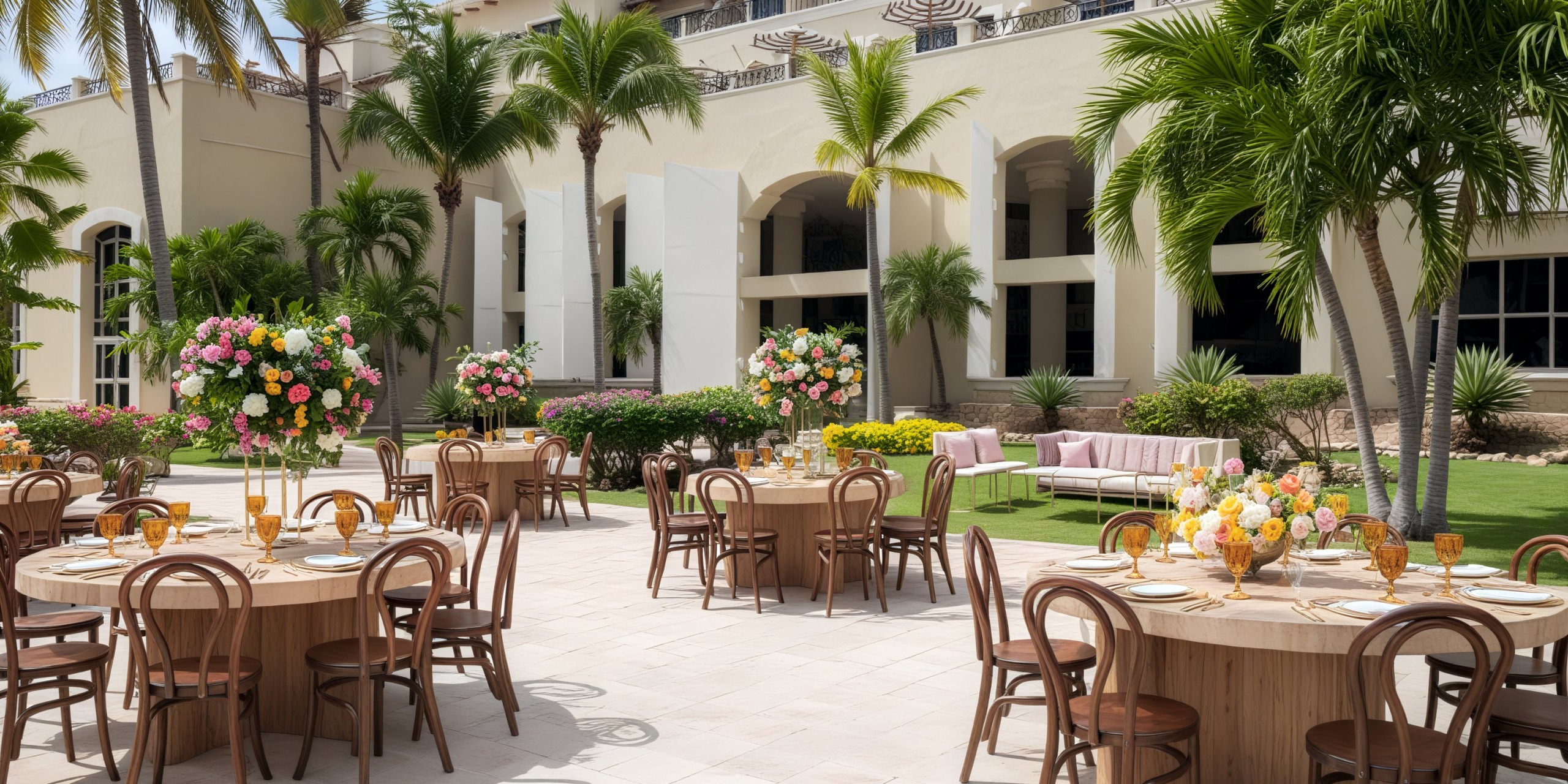 An outdoor patio adorned with set dining tables and vibrant floral decorations creates a picturesque setting perfect for a destination wedding.