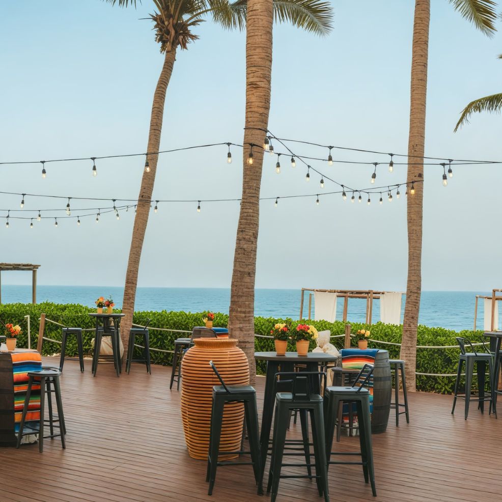 An outdoor patio adorned with string lights and tables, offering a stunning ocean view beneath swaying palm trees, provides the perfect backdrop for a destination wedding.