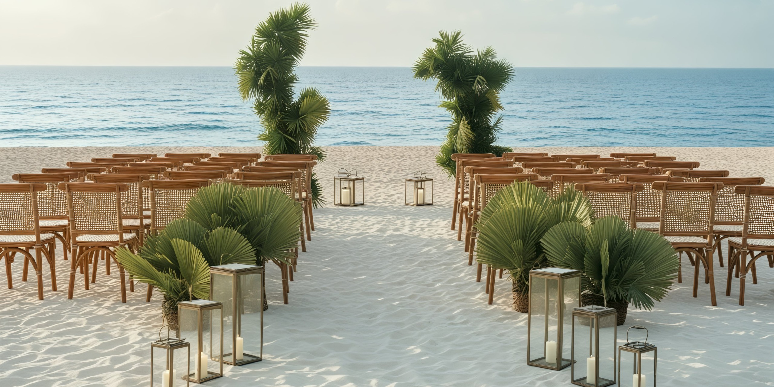 A picturesque destination wedding setup featuring rows of chairs, adorned with palm decorations and lanterns, all beautifully arranged to face the serene ocean.