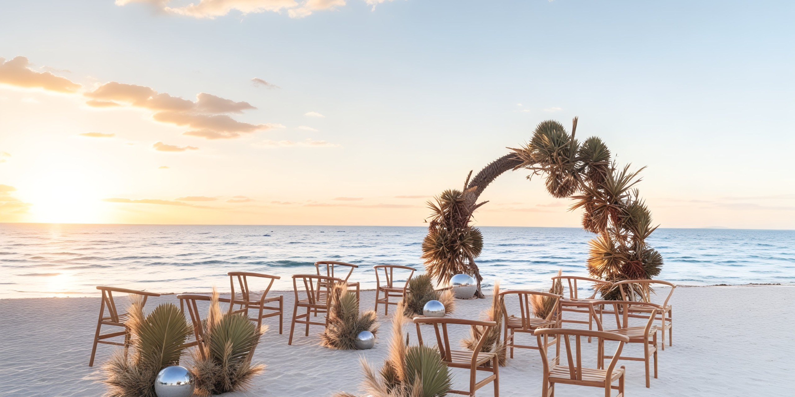 A beautiful destination wedding setup featuring wooden chairs and a palm-framed arch against the backdrop of a stunning sunset.