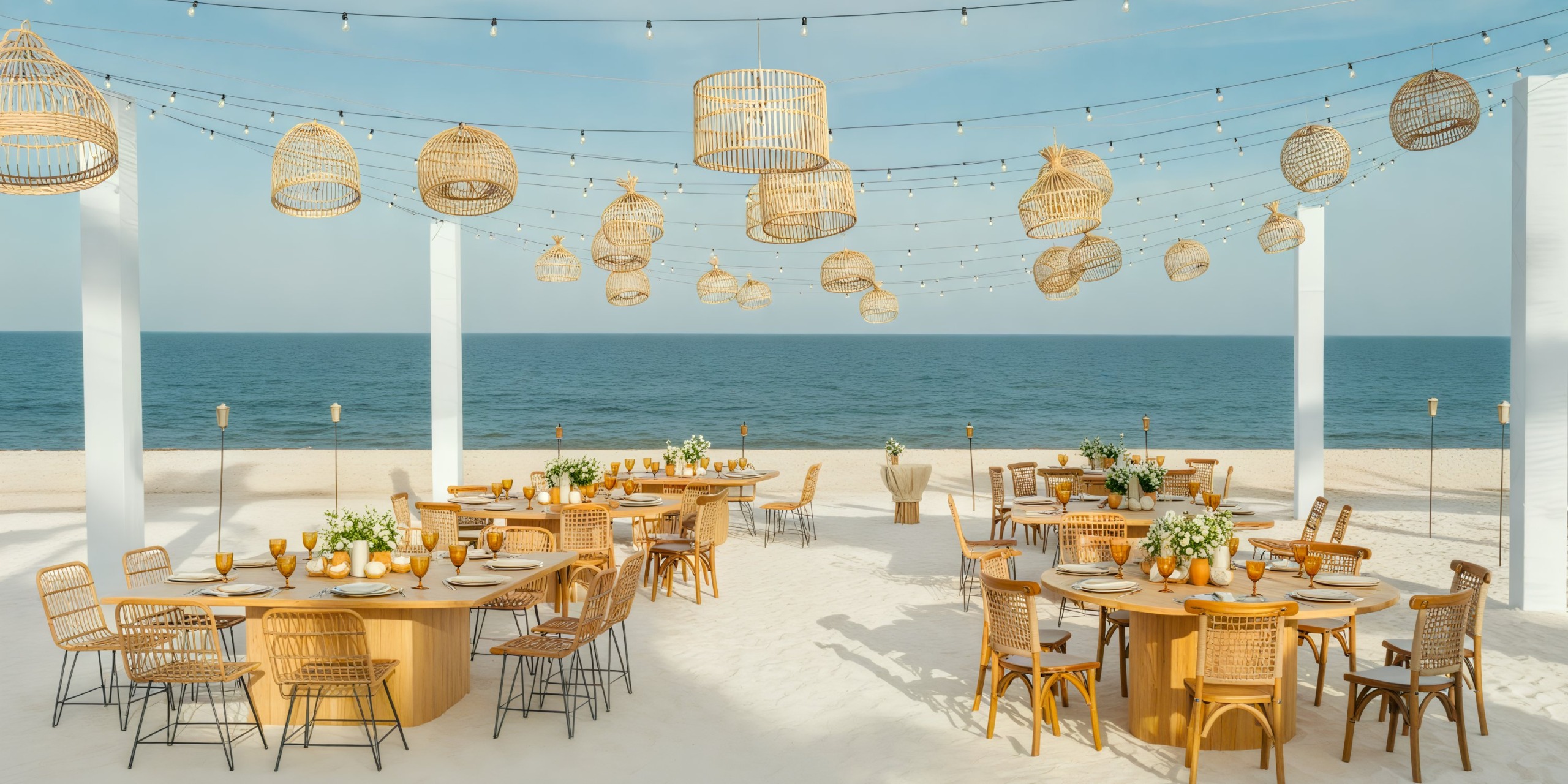 A beautiful beachside table setup for a destination wedding features wicker chairs, round tables, and hanging lanterns under a clear blue sky.