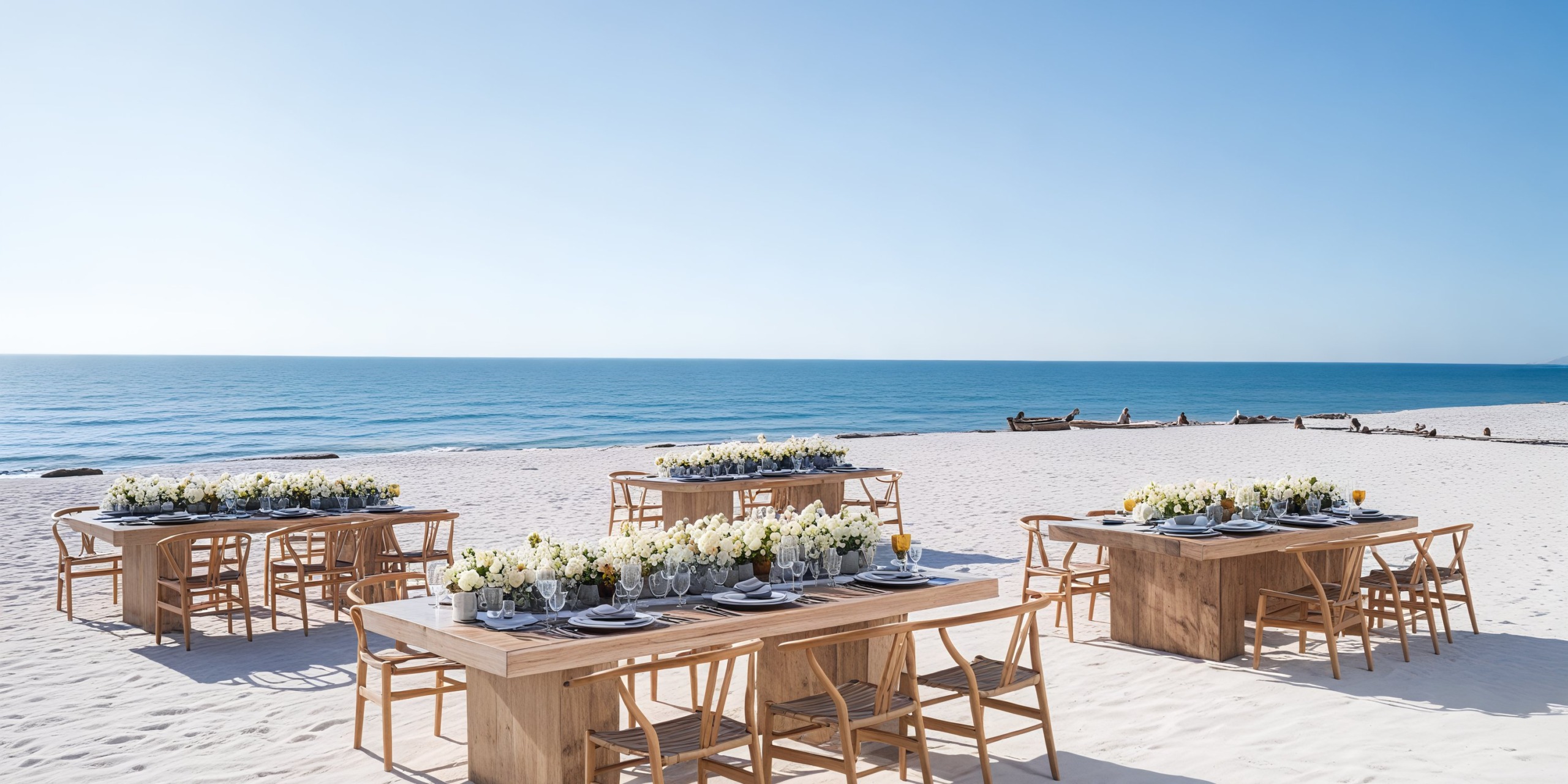 Tables and chairs are elegantly arranged on a sandy beach, creating a picturesque setting for a destination wedding with breathtaking views of the ocean.