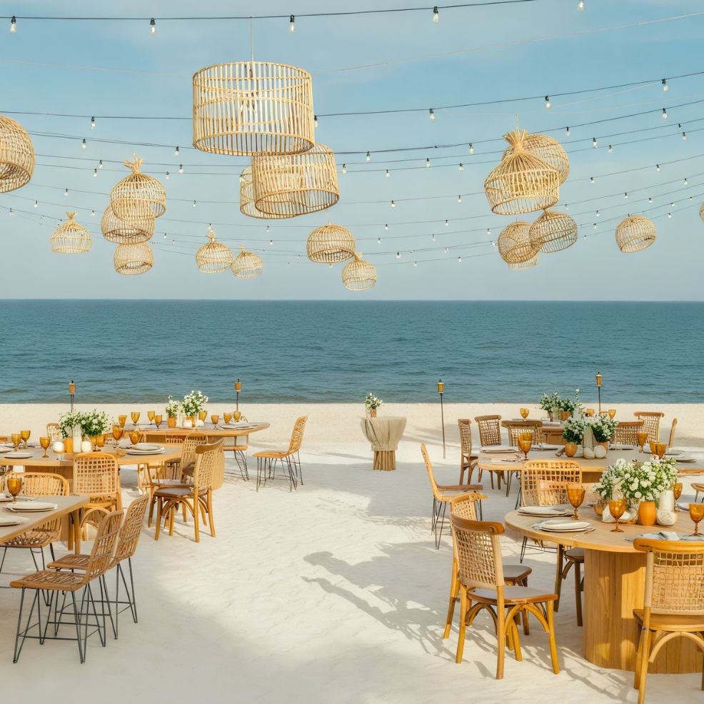 A picturesque beachside setup for a destination wedding, featuring wooden tables and chairs adorned with woven lanterns, all illuminated by the soft glow of string lights.