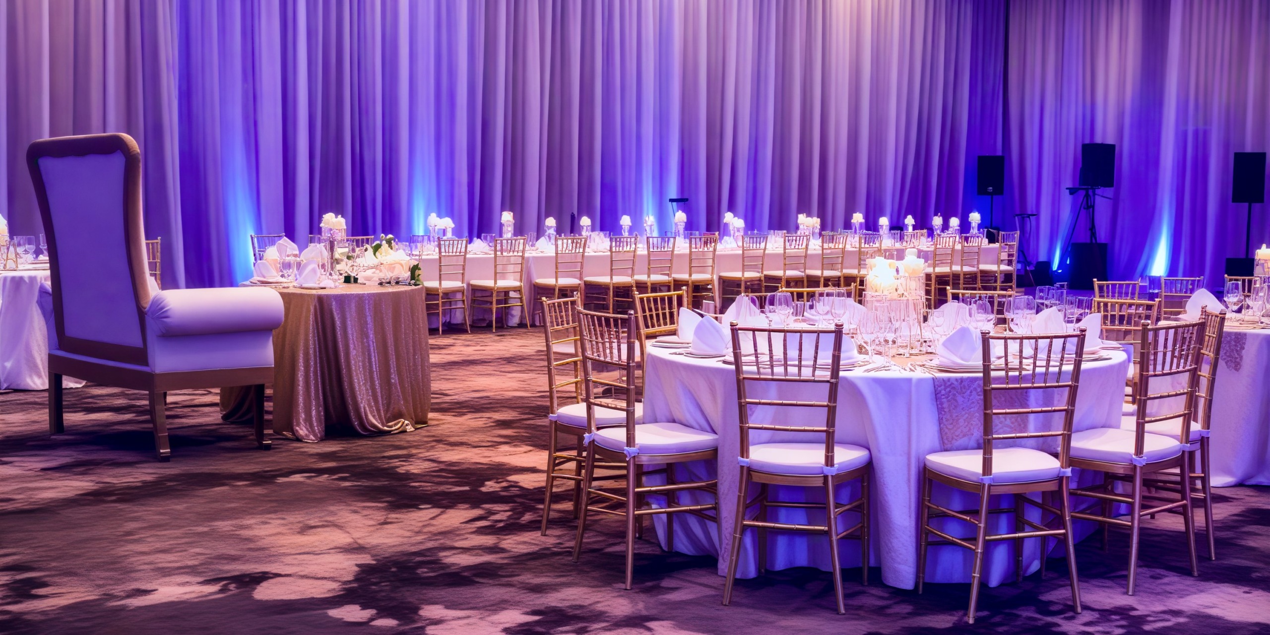 An elegant banquet hall perfectly suited for a destination wedding, featuring round tables adorned with white tablecloths and enhanced by romantic purple lighting.