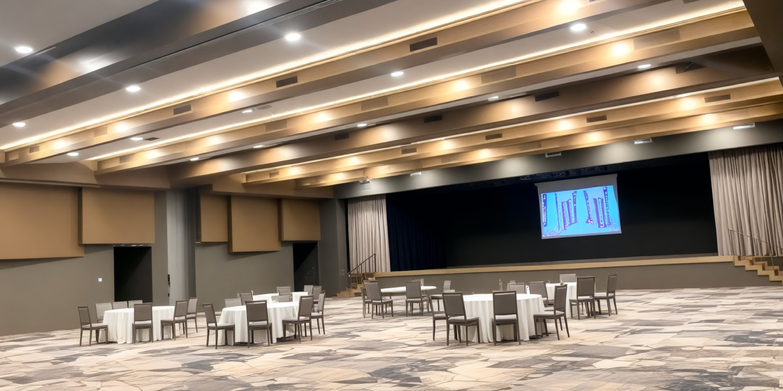 Expansive event hall perfect for a destination wedding, complete with tables, chairs, and a stage featuring a projector screen.