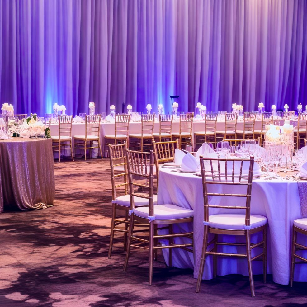 A sophisticated wedding banquet hall featuring round tables adorned with white tablecloths and elegant gold chairs, all bathed in subtle blue lighting, perfect for a destination wedding.