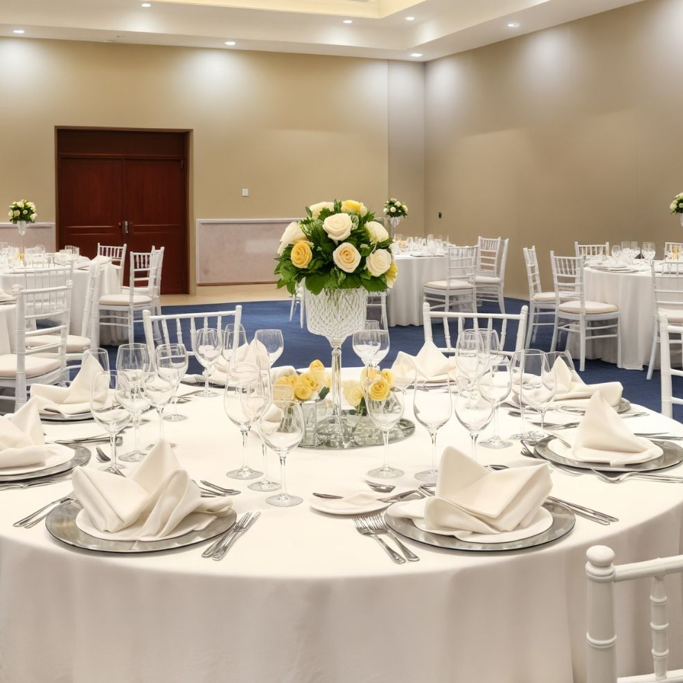 Exquisite wedding banquet arrangement featuring round tables adorned with white linens and floral centerpieces.