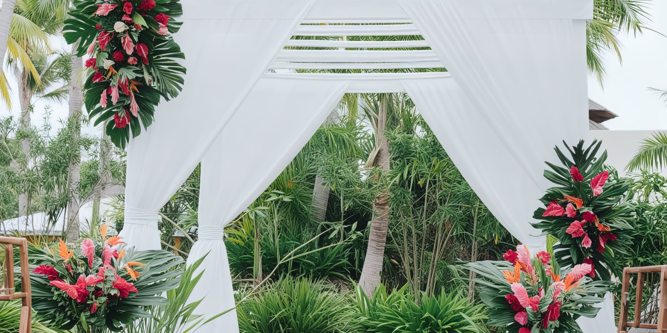 A stunning wedding arbor adorned with white drapery and vibrant tropical flower arrangements, set in a picturesque outdoor location perfect for a destination wedding.