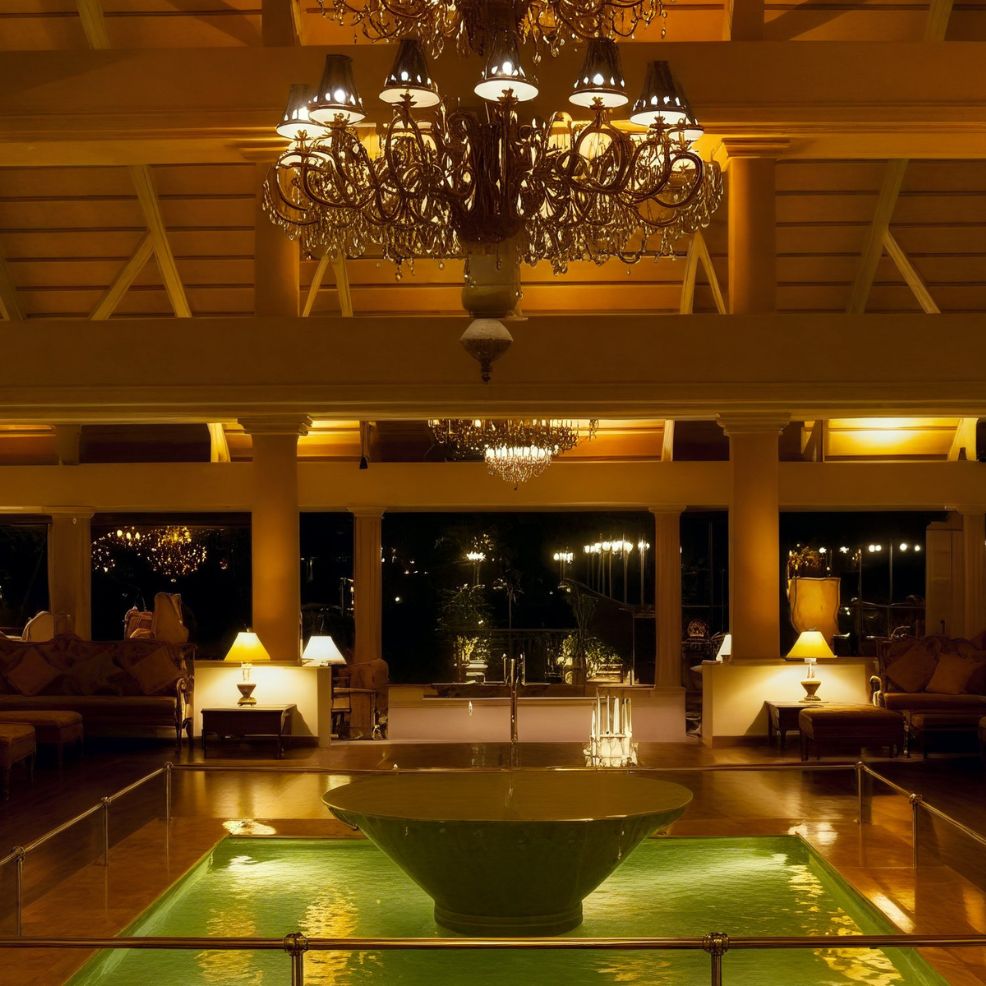 A luxurious indoor water fountain gracefully adorns the warmly lit room, with its elegant design enhanced by the soft glow of chandeliers, creating a perfect setting for a destination wedding.