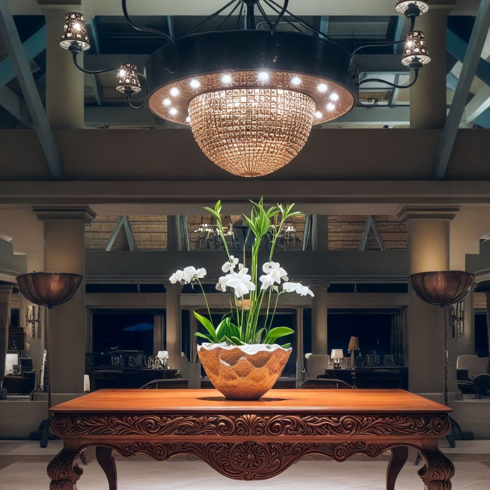 A sophisticated chandelier hangs gracefully above a carved wooden table, beautifully adorned with an arrangement of potted plants, setting a charming ambiance perfect for a destination wedding.
