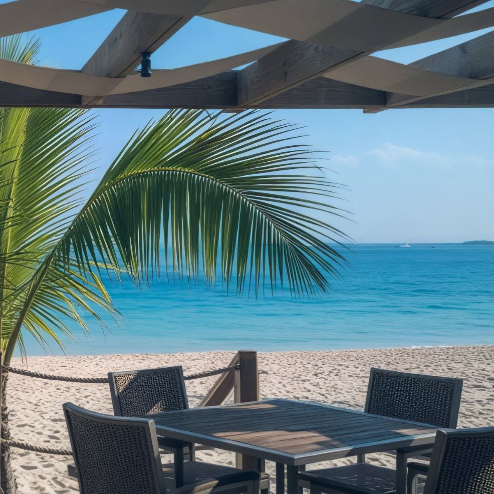 Destination wedding venues featuring beachfront seating under a pergola, complete with palm leaf decorations and breathtaking ocean views.