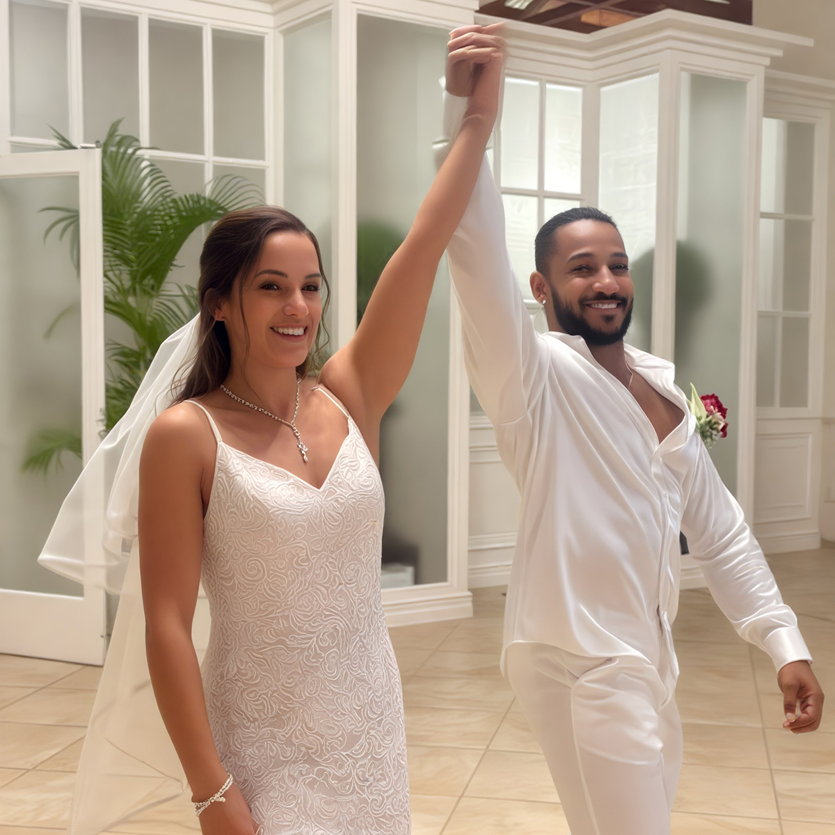 The bride and groom enthusiastically raise their arms in celebration during their vibrant wedding ceremony.