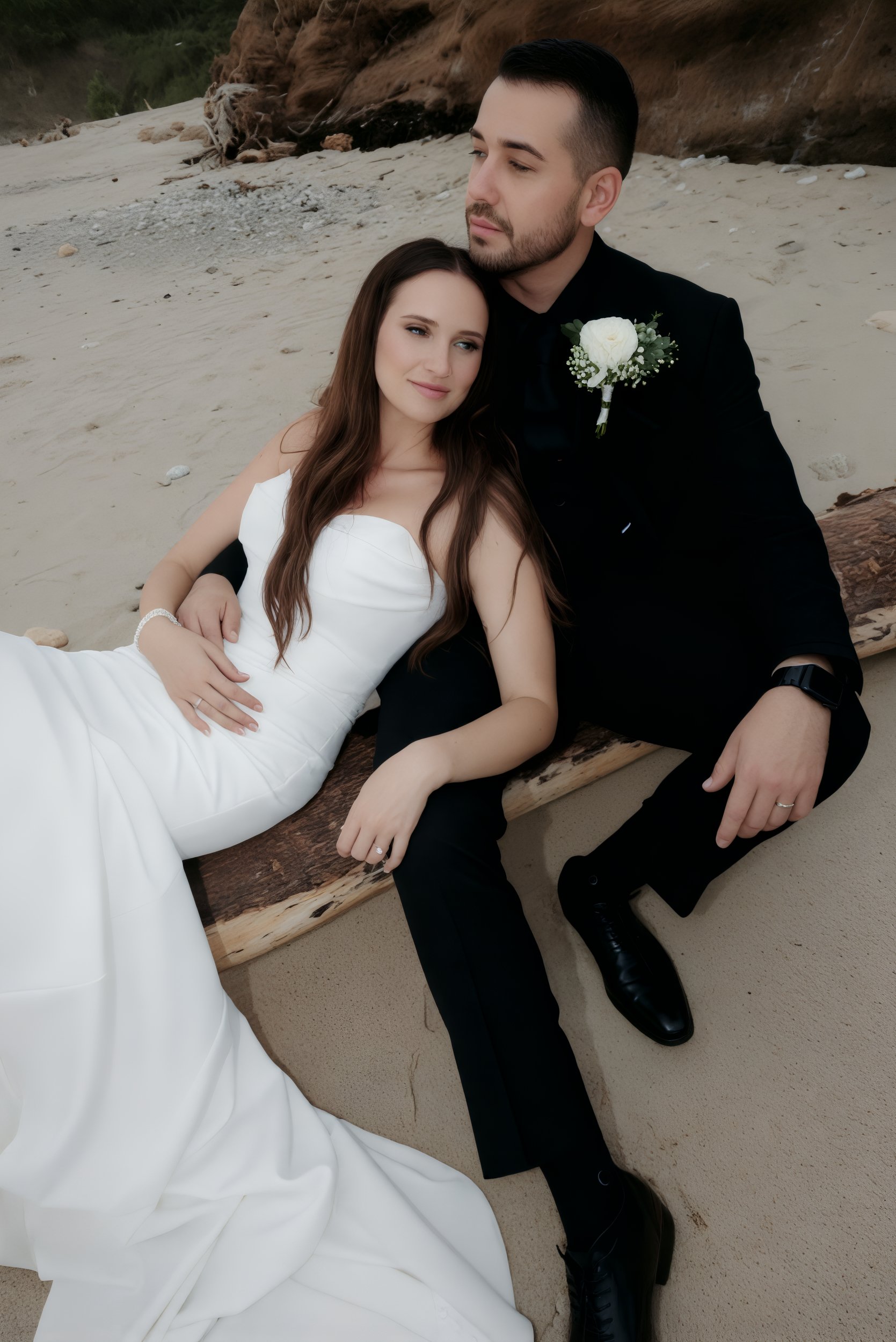 Kirsten and Angel, elegantly dressed in their wedding attire, sit together on a log at the idyllic beach setting of their destination wedding.