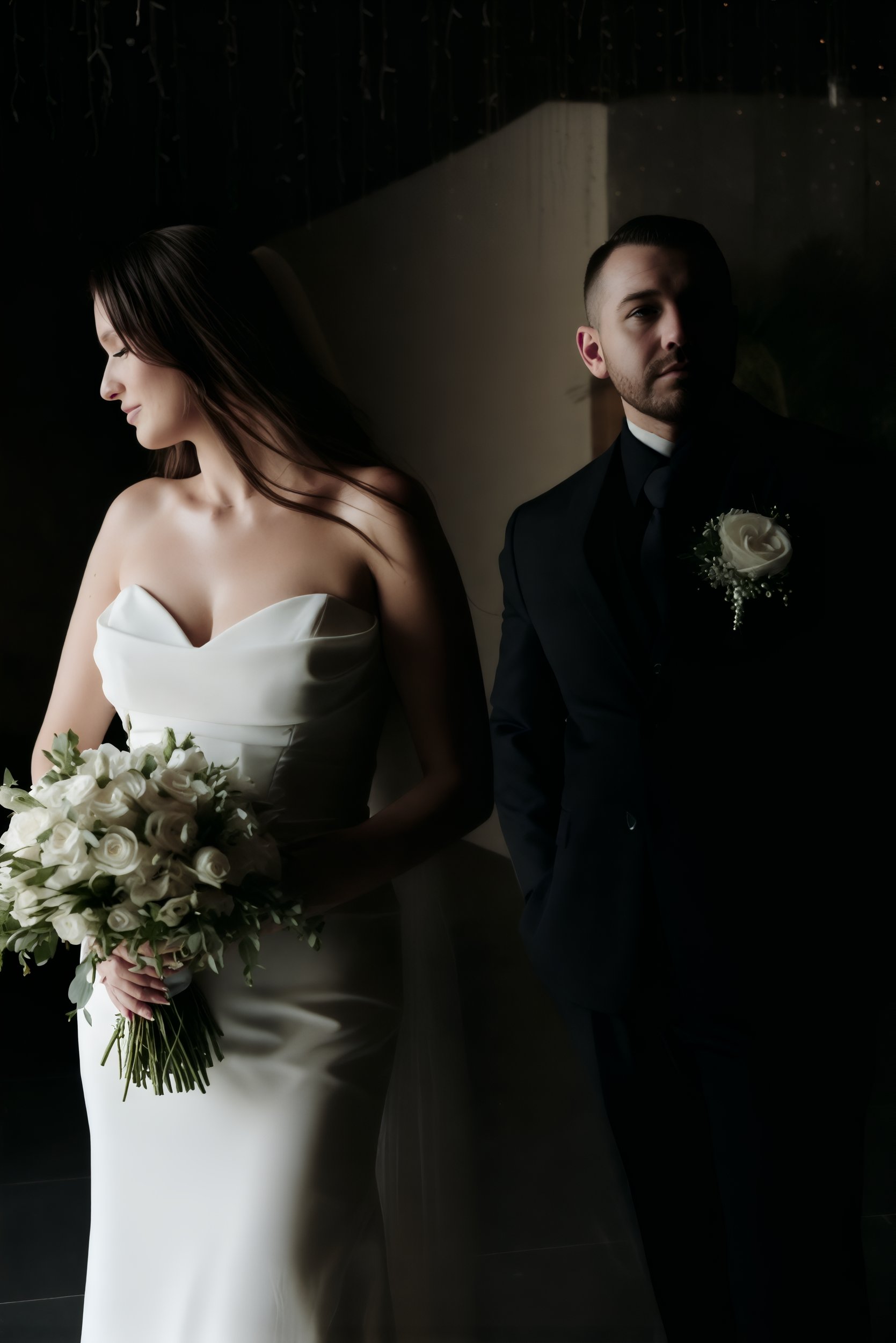 Kirsten, adorned in a white gown embellished with flowers, stands beside Angel, who is dressed in a dark suit featuring a boutonniere; together, they create a stunning image at their destination wedding.