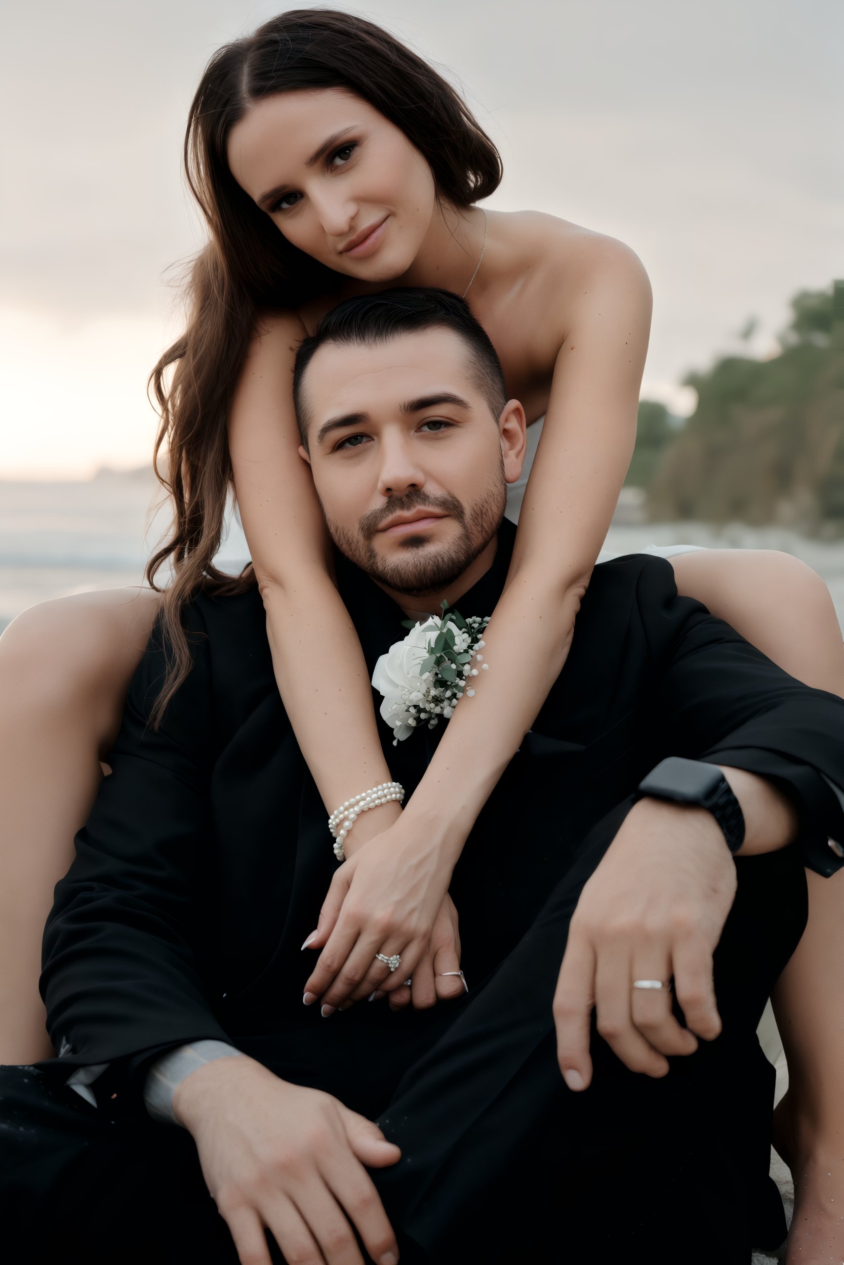 On a picturesque beach setting, Kirsten and Angel, dressed in elegant formal wear, share an intimate embrace from behind during their destination wedding.