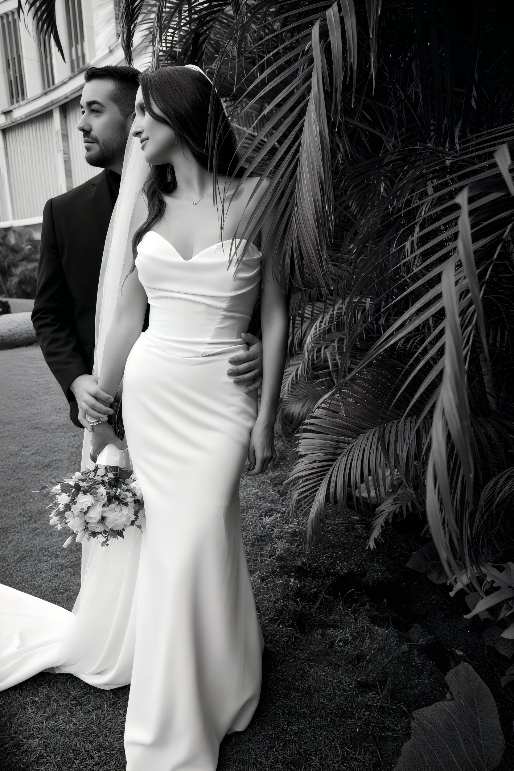 Kirsten and Angel pose in an outdoor setting, dressed elegantly for their destination wedding. She's holding a beautiful bouquet, capturing the essence of their special day.