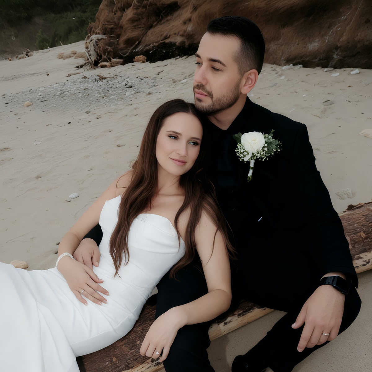 Kirsten and Angel are seated on the beach, adorned in their wedding attire, making the most of their picturesque destination wedding.