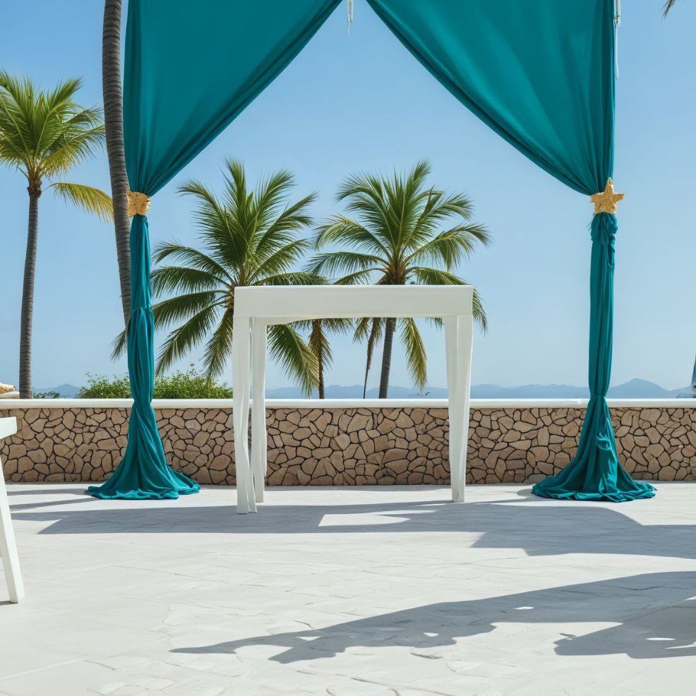A white table set under a teal canopy creates an idyllic setting for a destination wedding, with palm trees and the vast ocean serving as the perfect backdrop.