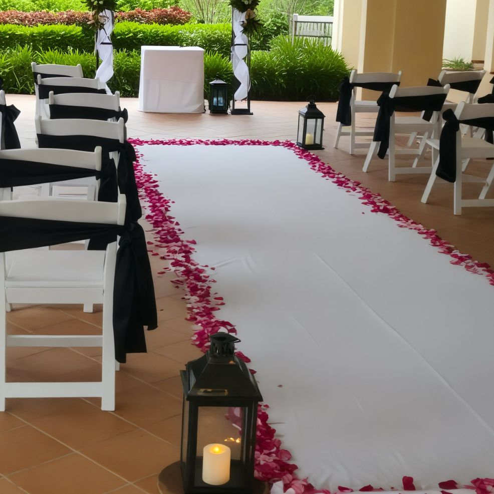A stunning wedding aisle adorned with a white runner, scattered red rose petals, elegant lanterns, and chic black chair sashes.