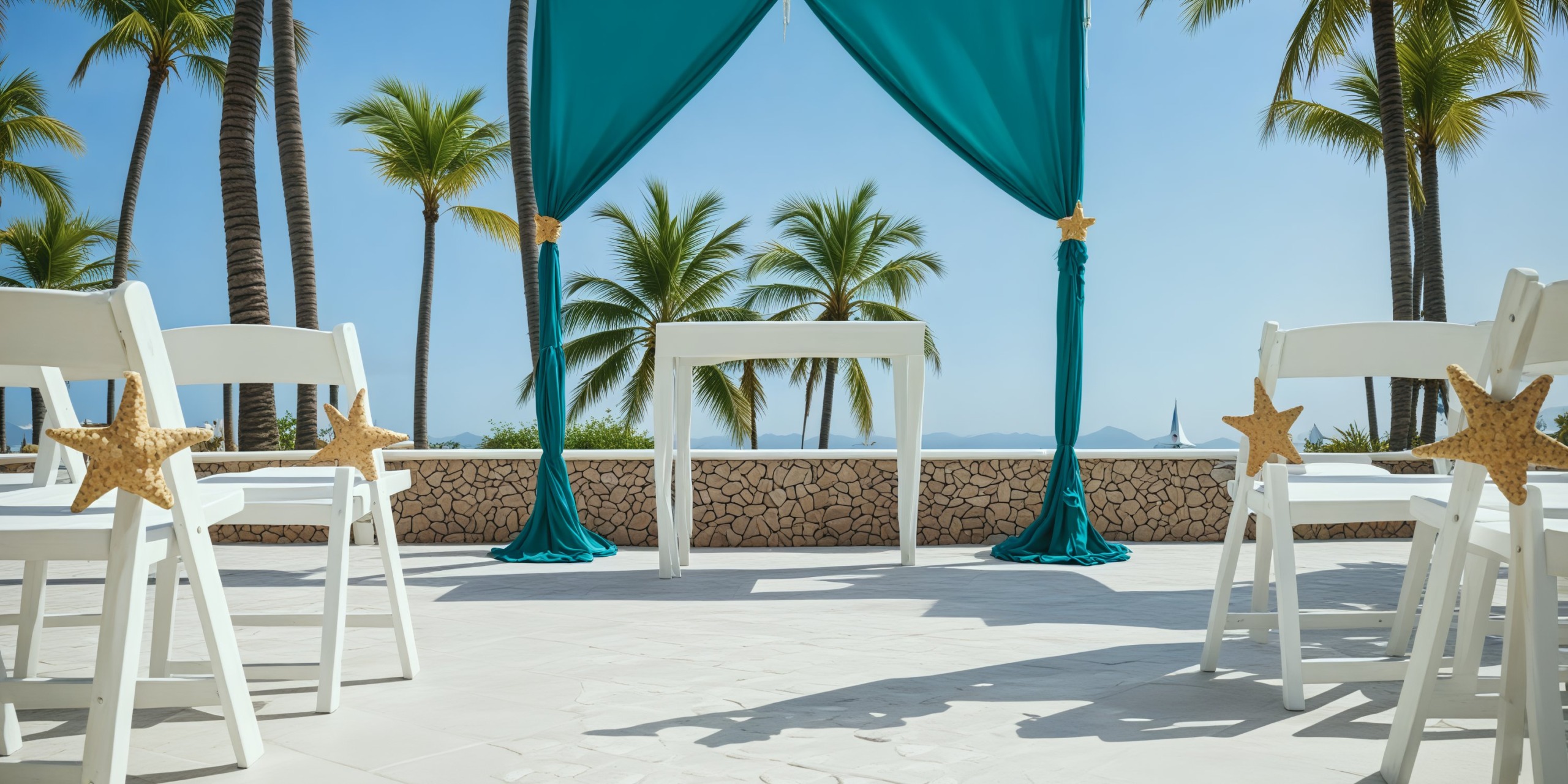 A destination wedding setup features rows of chairs and elegant teal drapes beneath swaying palm trees, all situated near the picturesque ocean.
