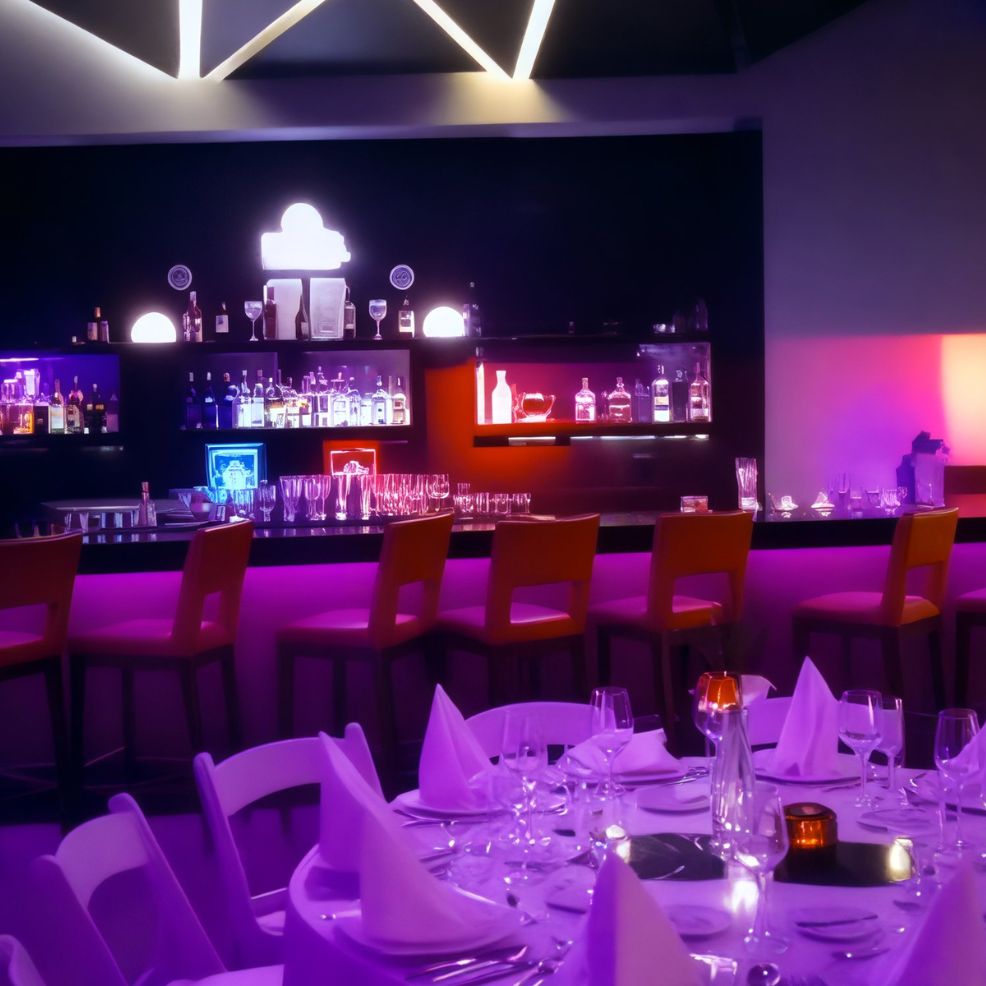 A dimly lit bar with purple lighting and a sleek design offers an ideal setting for a destination wedding, featuring tables elegantly set with glasses and napkins.