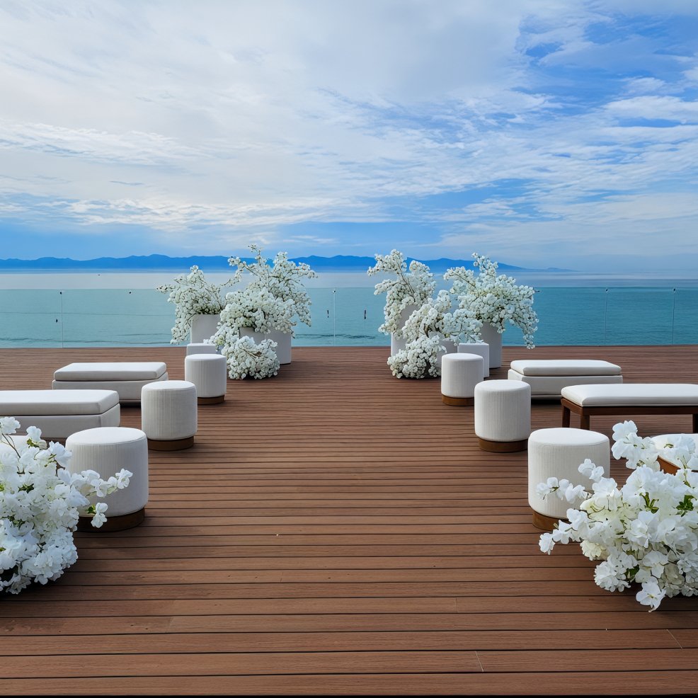 White flowers and seating on a wooden deck overlook the ocean and cloudy sky, creating a perfect setting for a destination wedding.