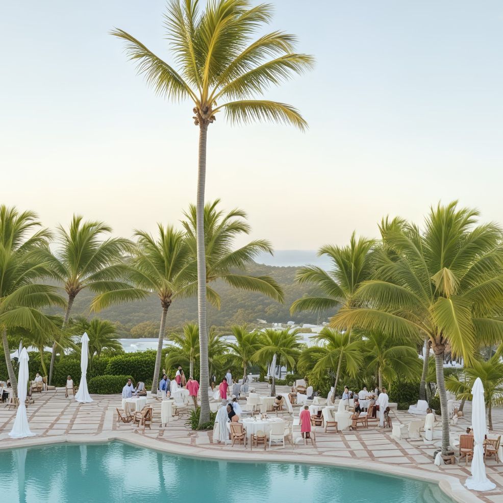 A destination wedding reception held in an outdoor dining area by a pool, encircled by palm trees and guests seated at elegantly arranged tables.