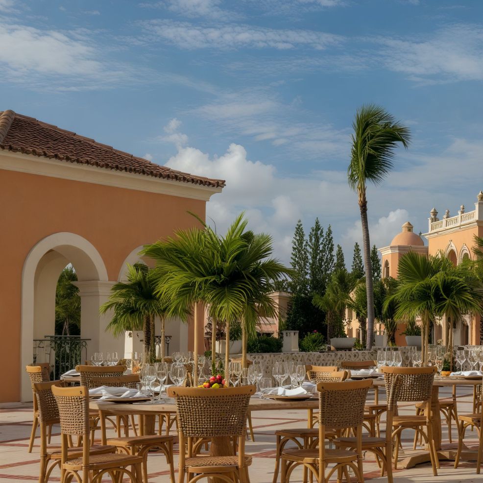 An outdoor dining area perfect for a destination wedding features wicker chairs, elegantly set tables, and picturesque palm trees beneath a clear sky.