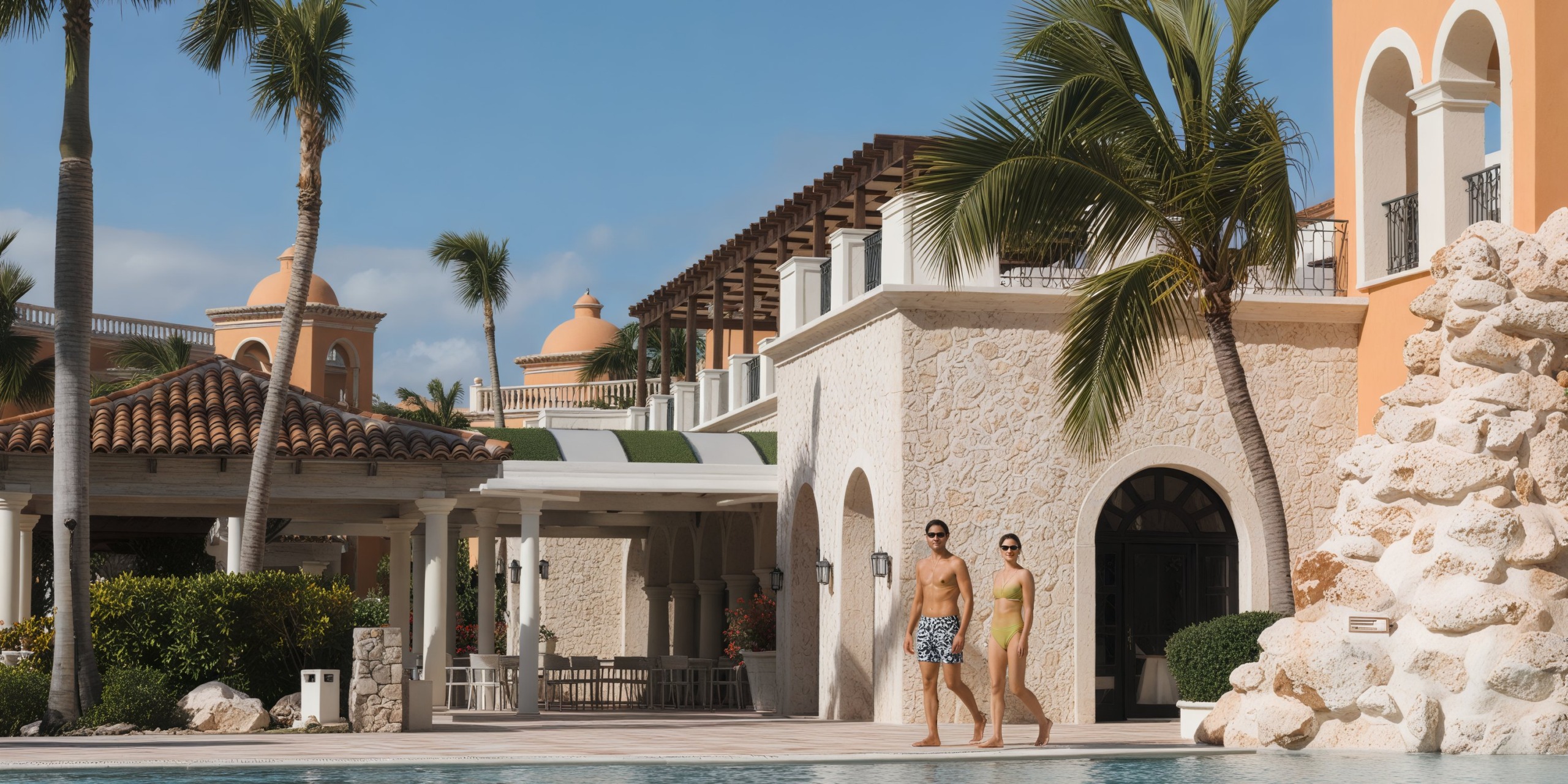 A couple strolls alongside a tropical resort pool, enveloped by palm trees and Mediterranean-style buildings, envisioning their perfect destination wedding.