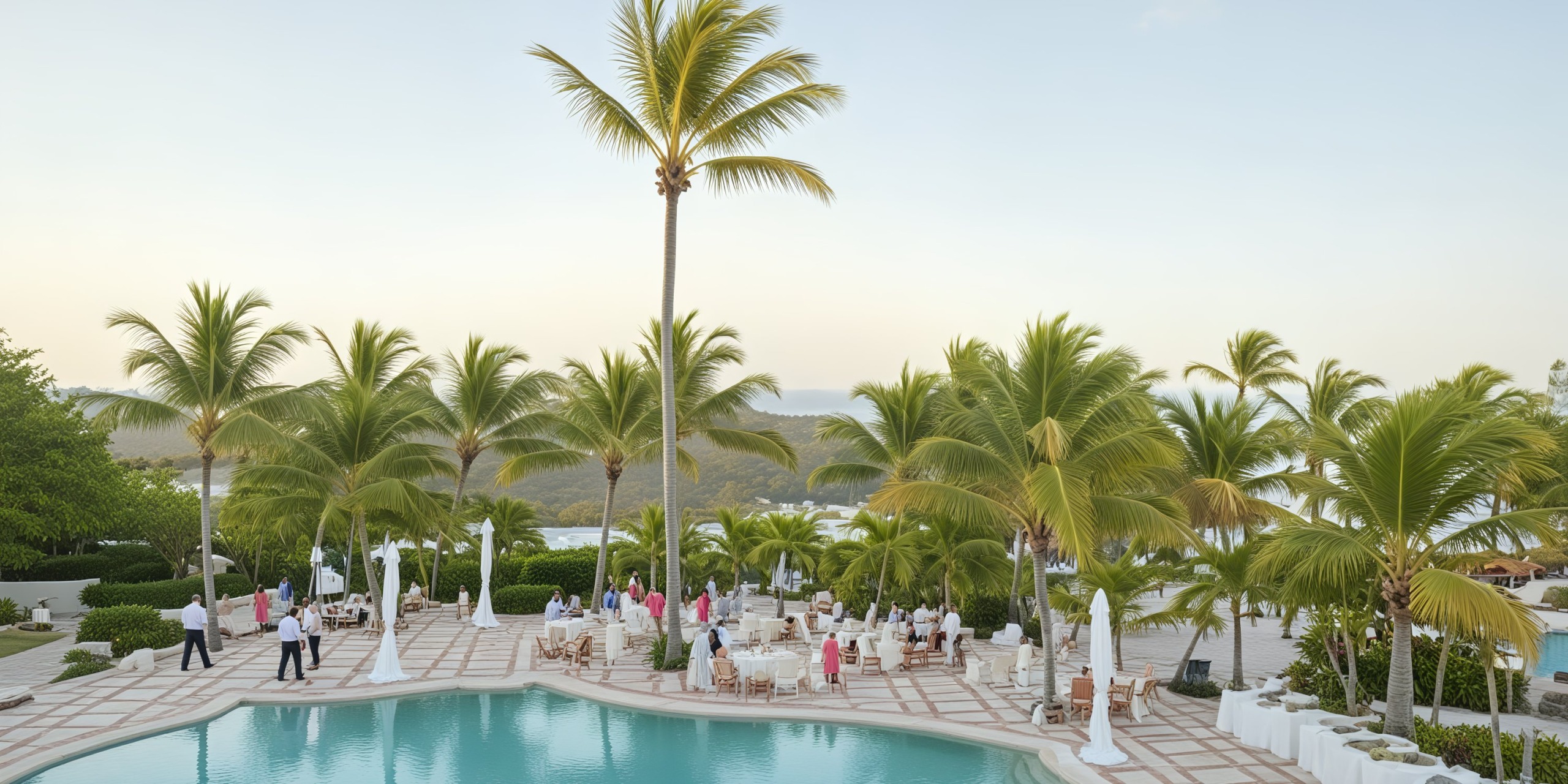 Guests congregate around a shimmering pool framed by palm trees under a clear sky, setting the perfect scene for a destination wedding.