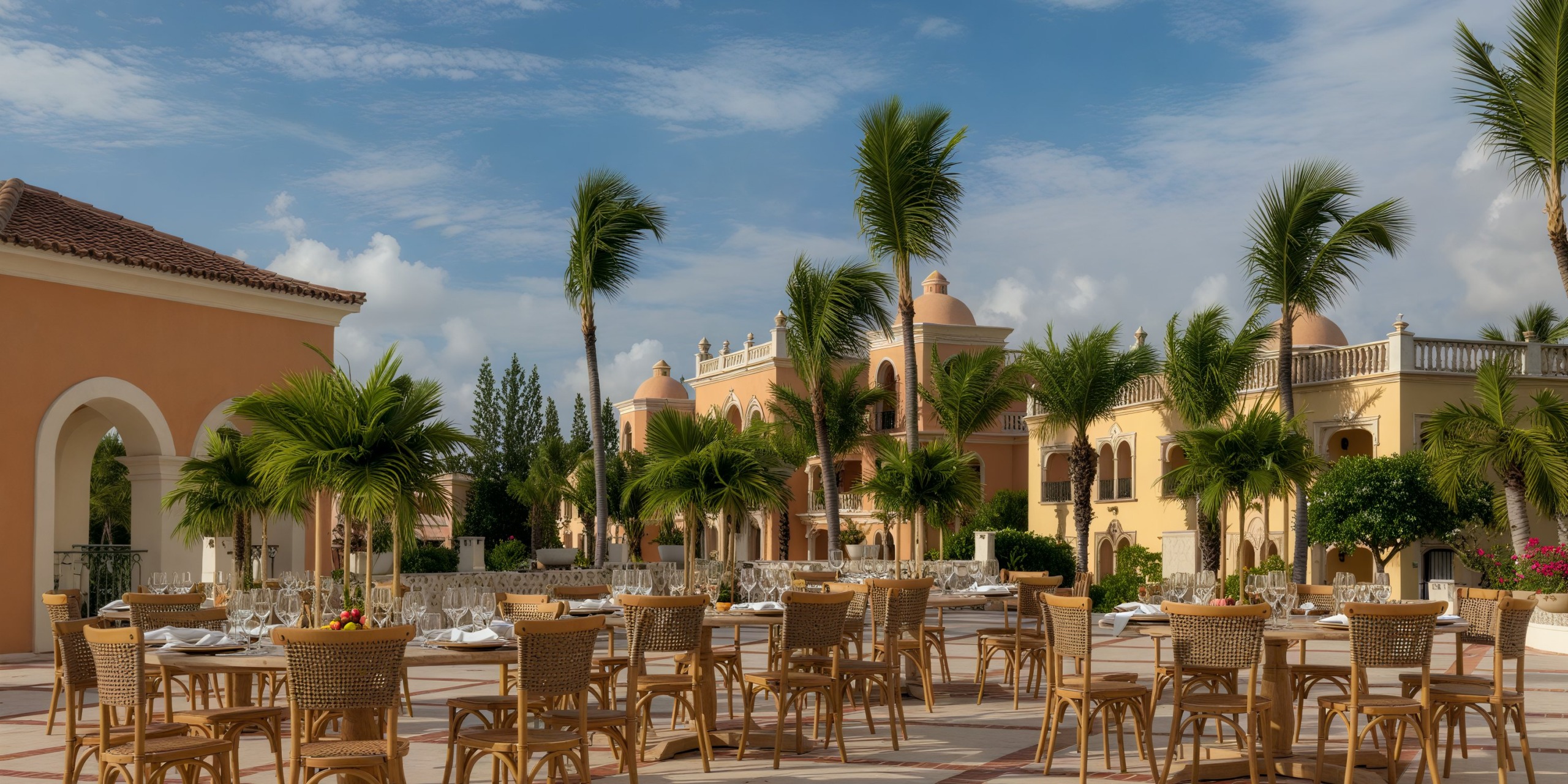 A charming outdoor dining area, perfect for a destination wedding, featuring wicker chairs and tables surrounded by elegant palm trees beneath a clear blue sky.