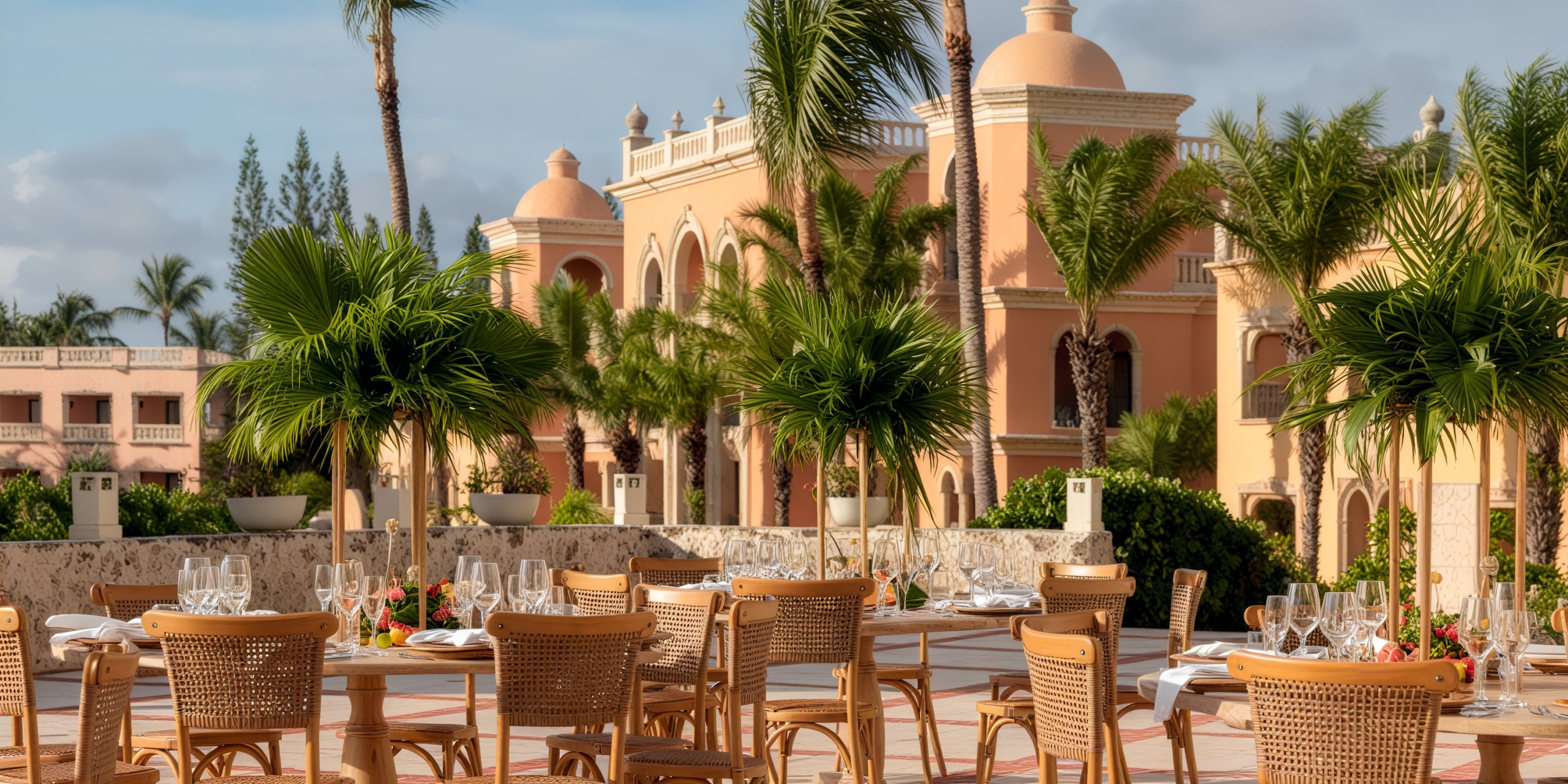 A picturesque outdoor dining area featuring elegant wicker furniture amidst towering palm trees, perfect for a destination wedding, with a grand pink building serving as the stunning backdrop.