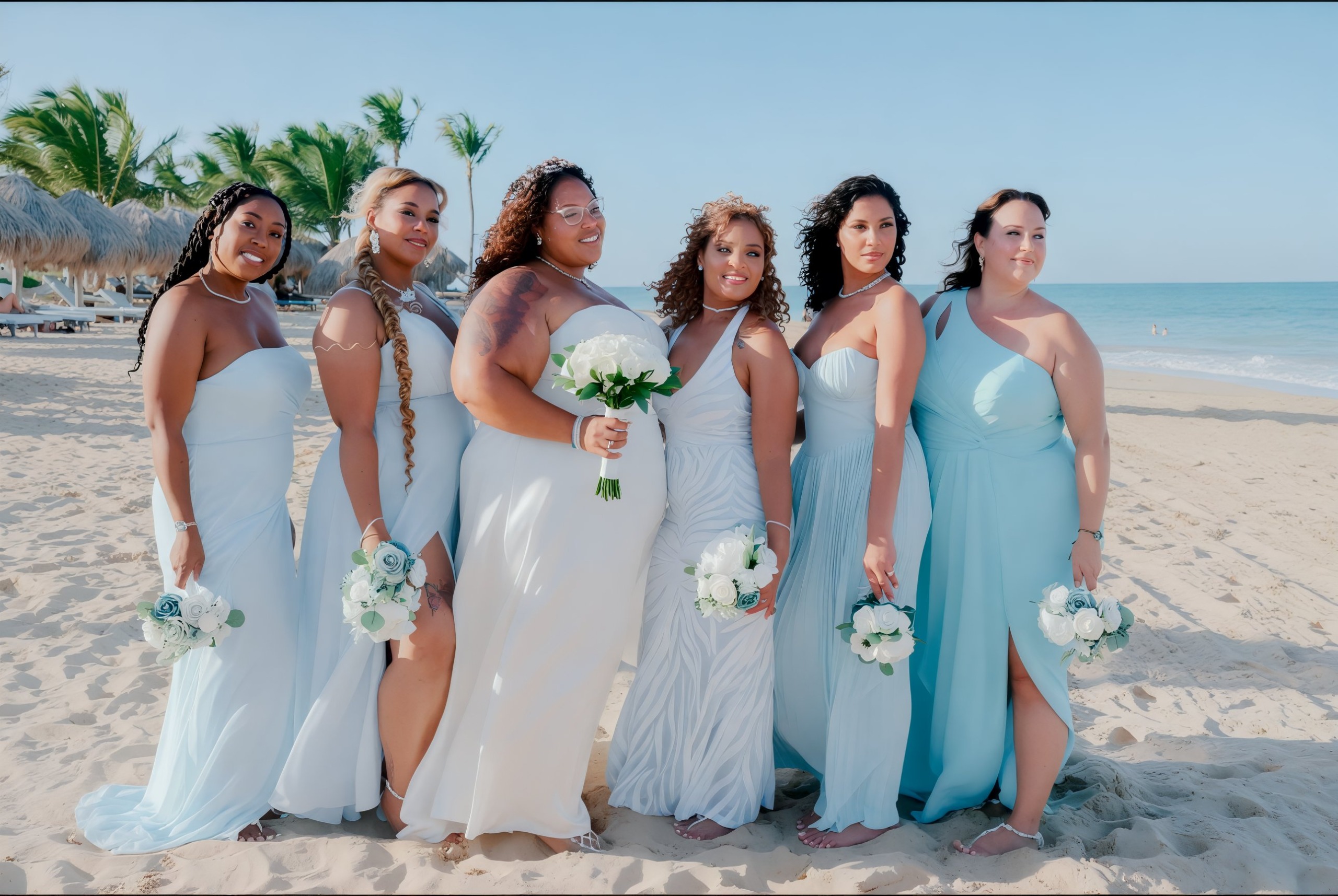 A bride and her bridesmaids, dressed in light blue dresses, pose with their bouquets on a sunny beach, capturing the perfect moment at this beautiful destination wedding.