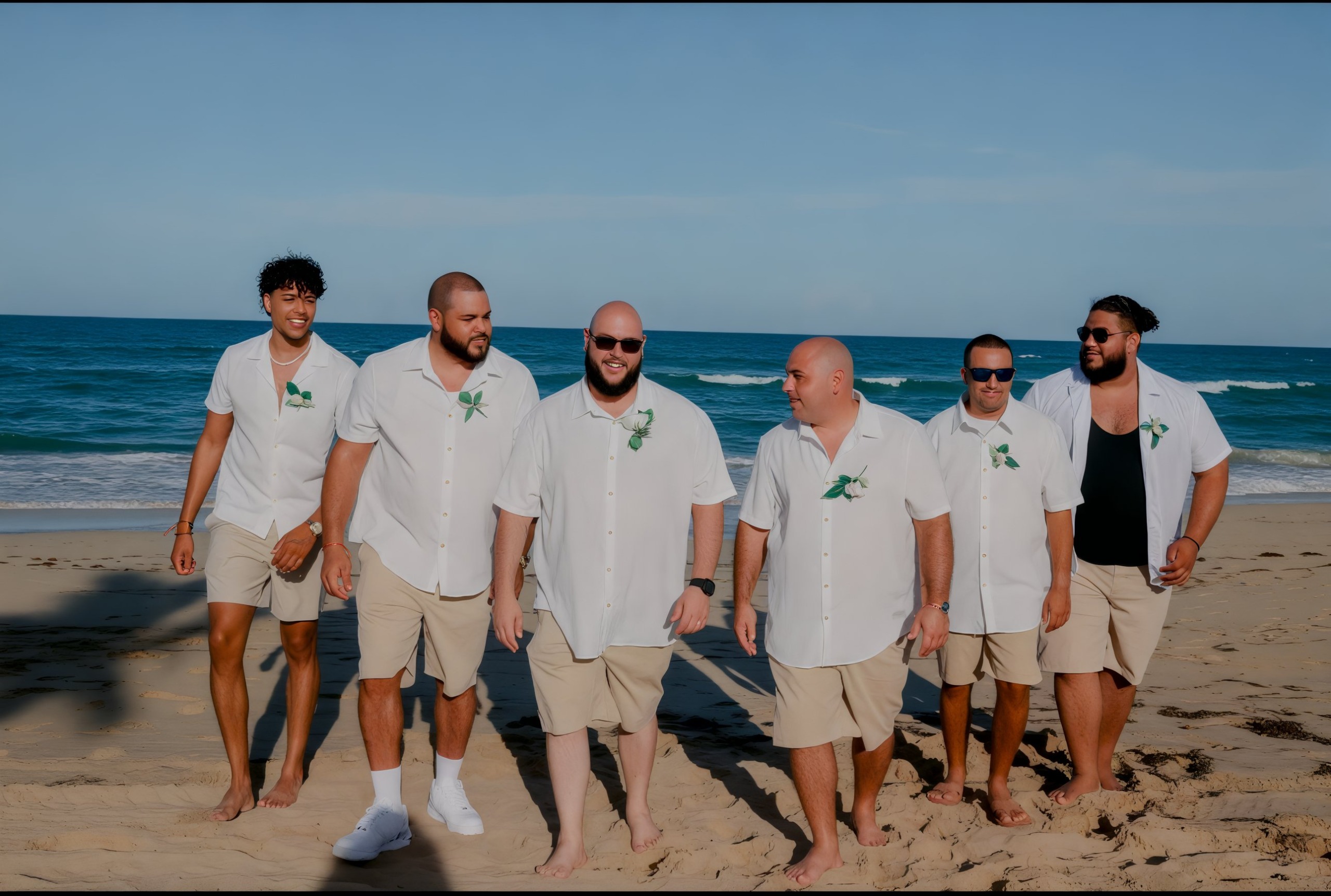 Six men in coordinated casual outfits strolling along the beach, possibly preparing for a destination wedding.