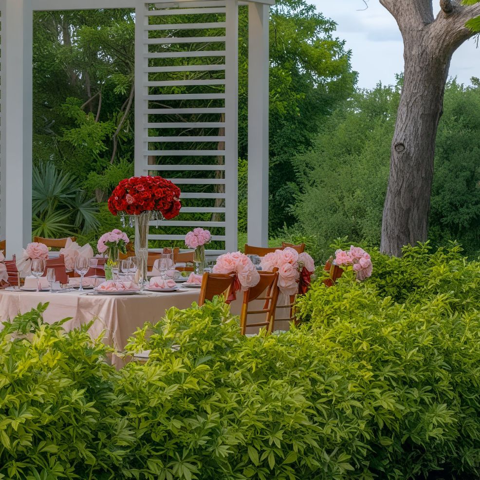 A beautifully arranged outdoor table set with flowers rests under a pergola, surrounded by lush greenery, perfect for a picturesque destination wedding.