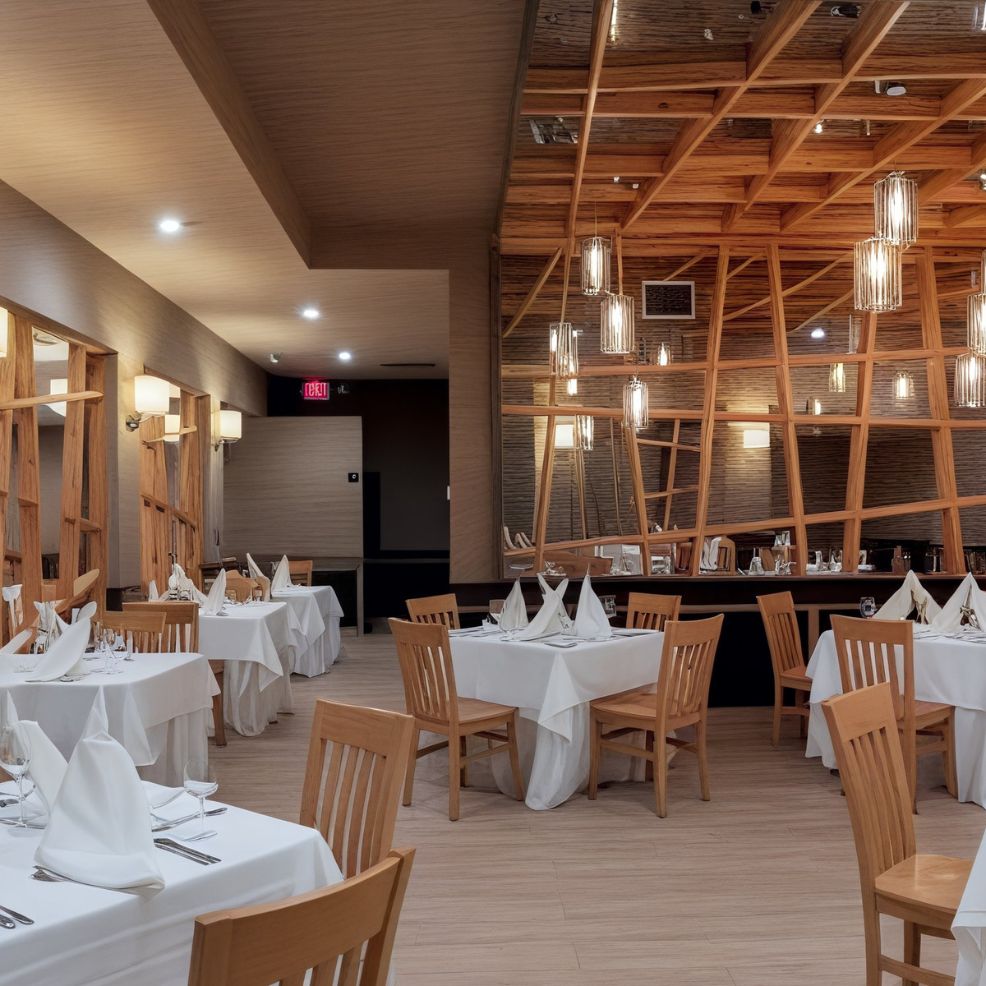 A contemporary restaurant interior, adorned with wooden accents and neatly set tables, creating the perfect ambiance for an elegant destination wedding.